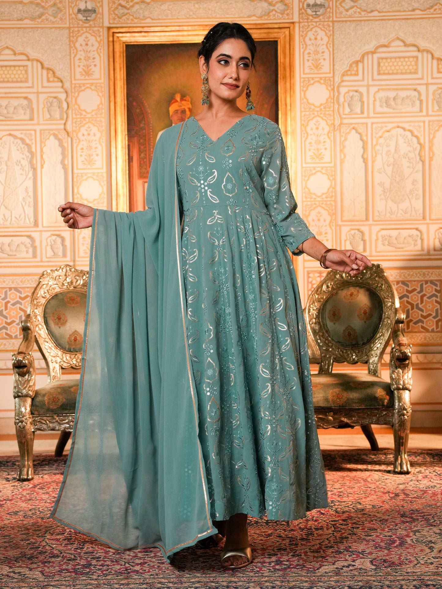 Embroidered Georgette Anarkali Sea Green Kurta
