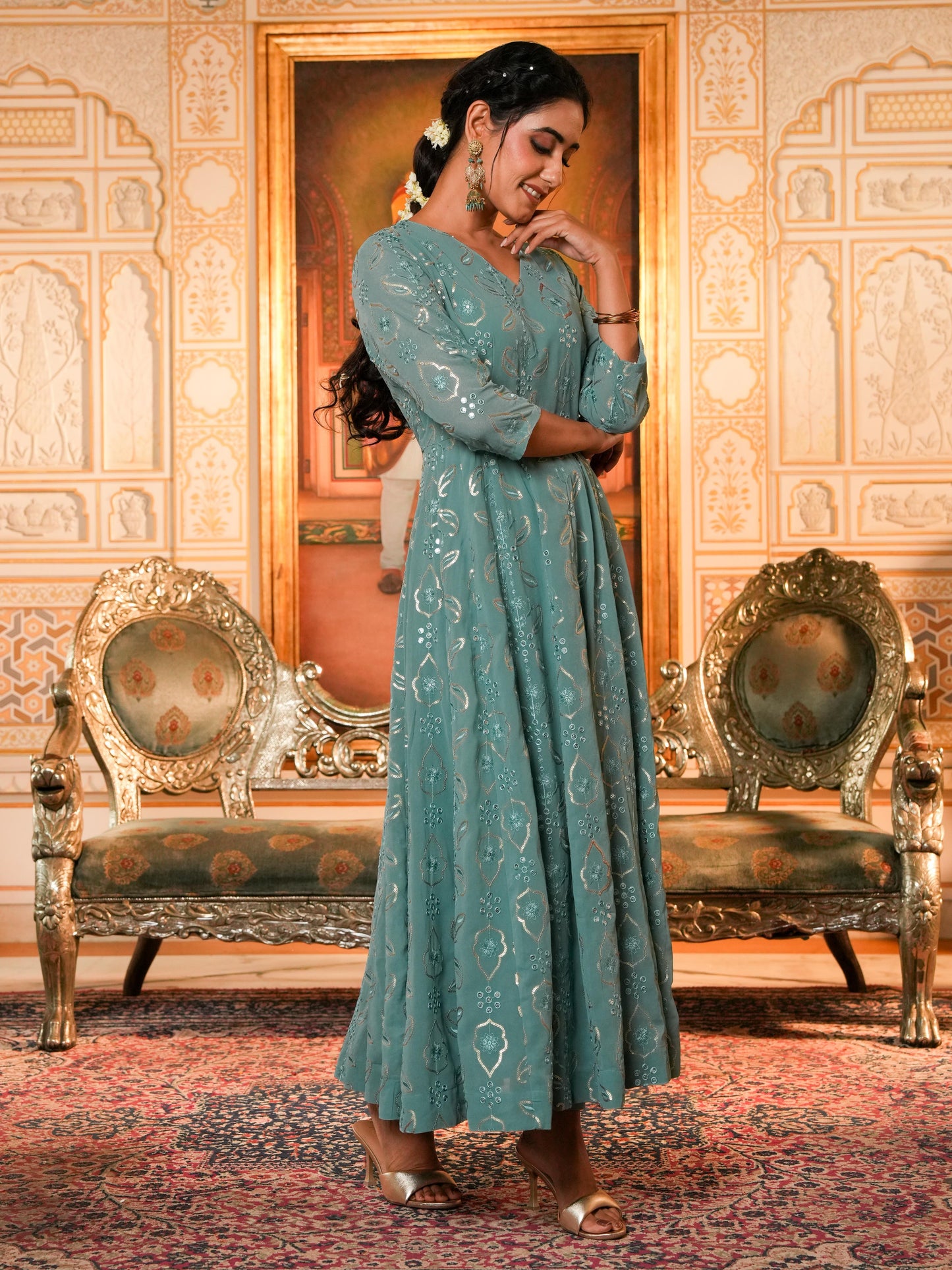 Embroidered Georgette Anarkali Sea Green Kurta