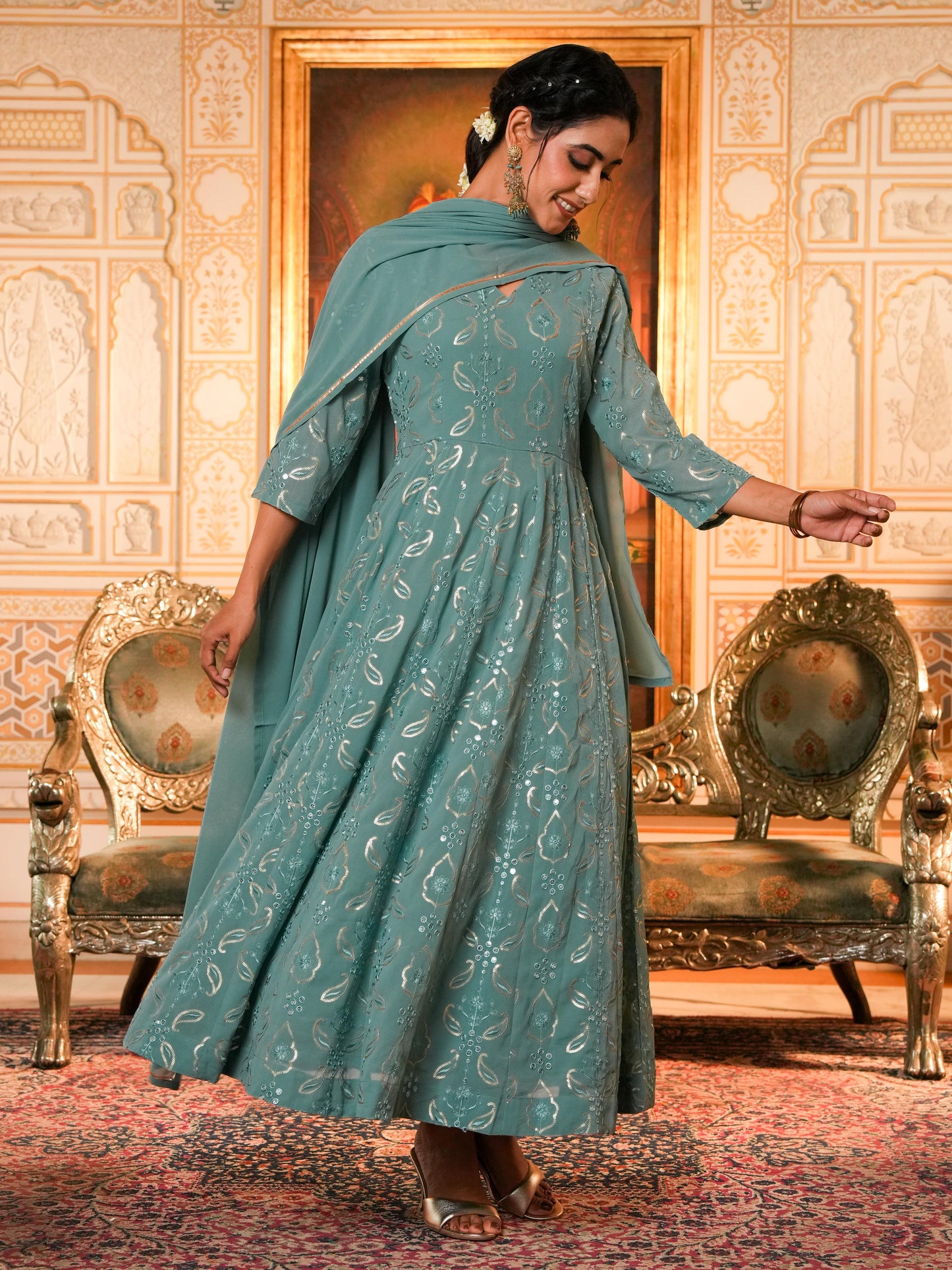 Embroidered Georgette Anarkali Sea Green Kurta