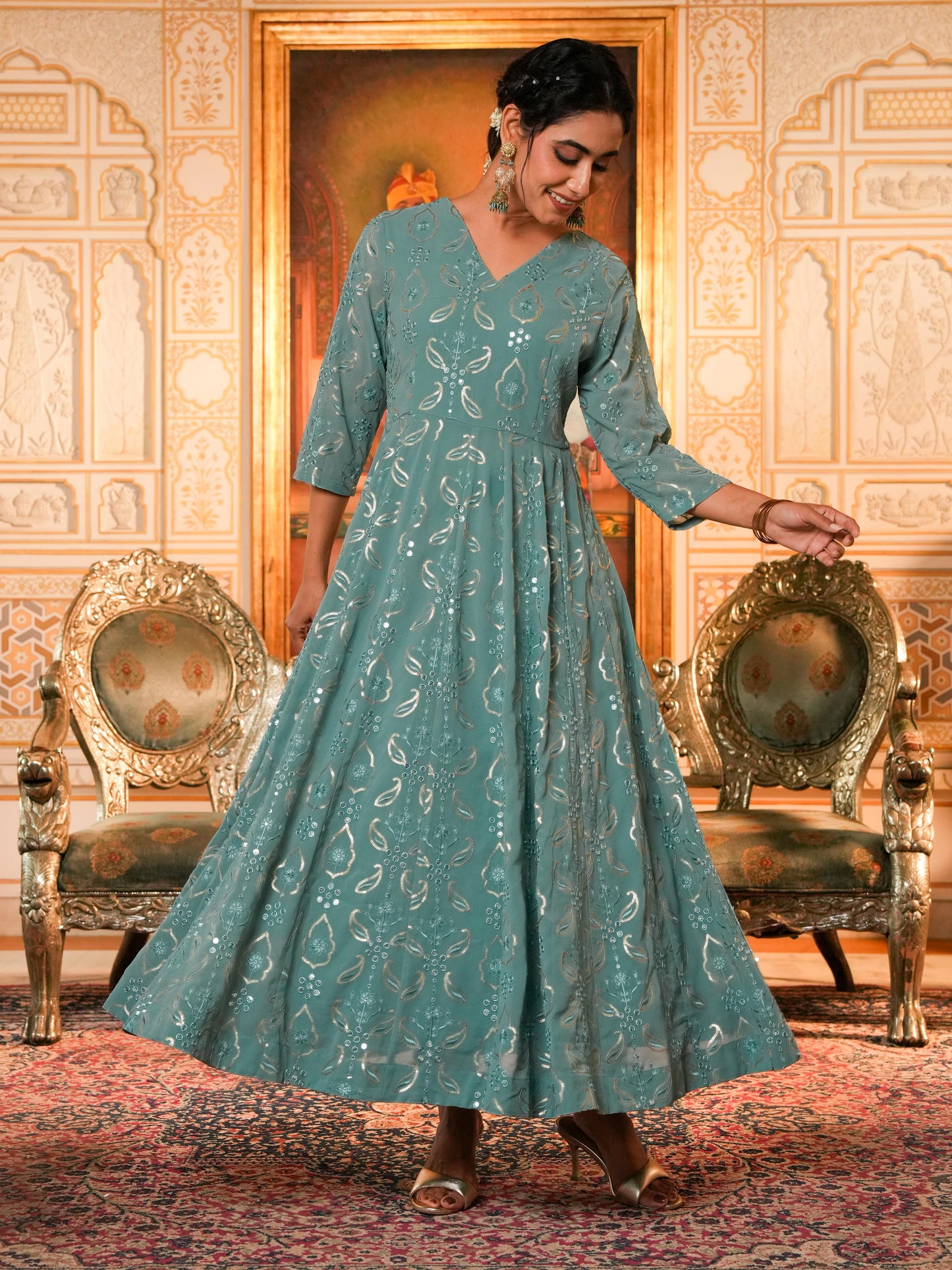 Embroidered Georgette Anarkali Sea Green Kurta