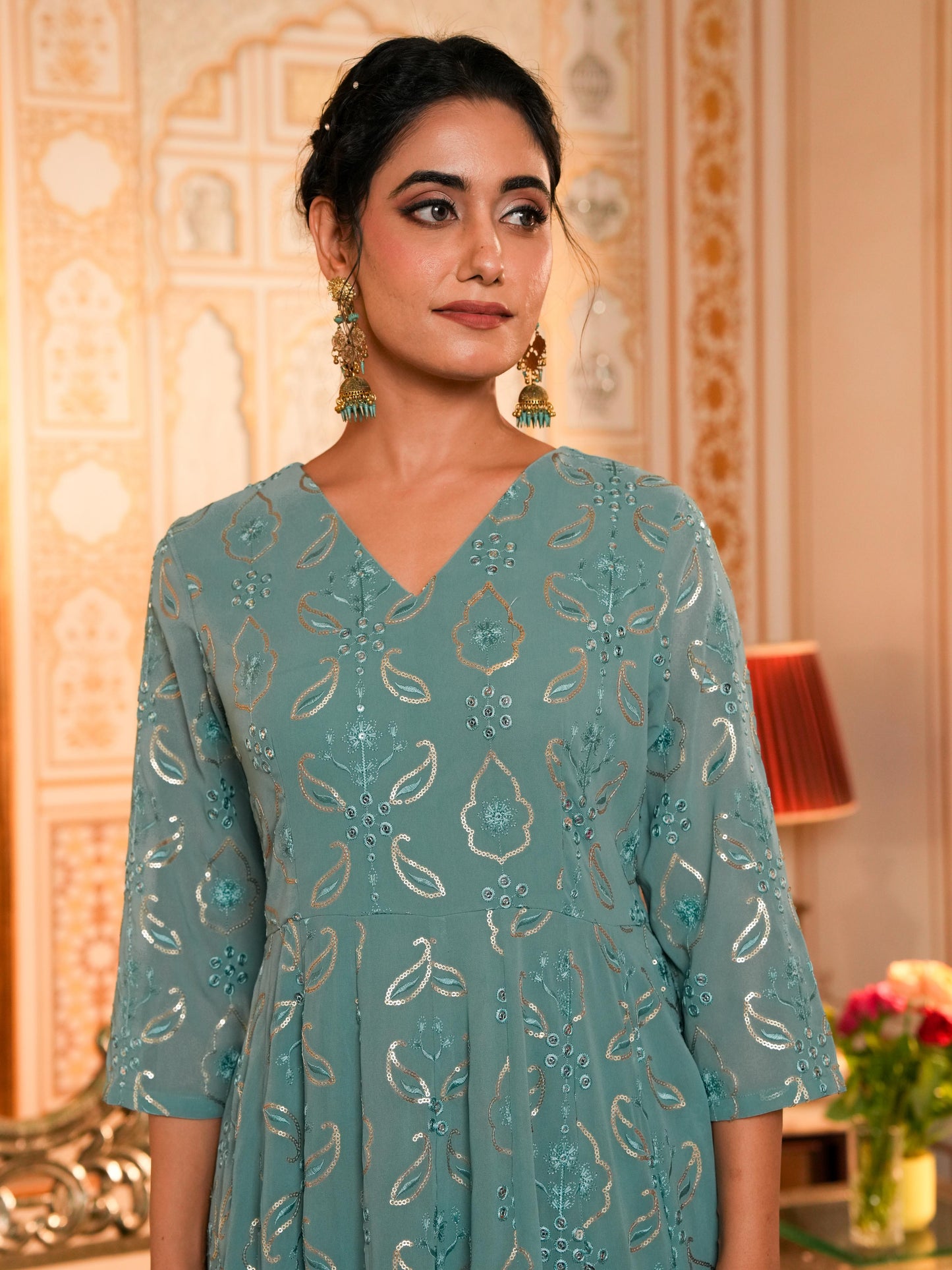 Embroidered Georgette Anarkali Sea Green Kurta