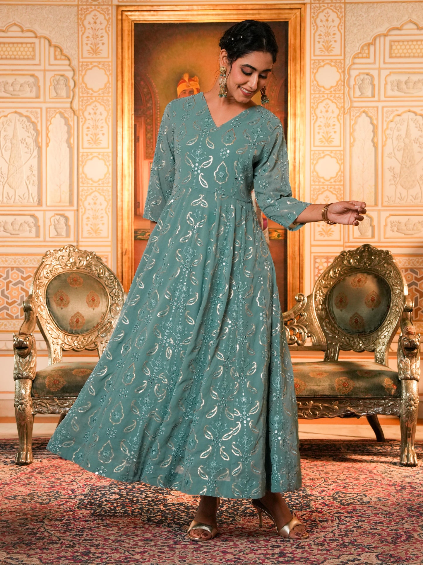 Embroidered Georgette Anarkali Sea Green Kurta