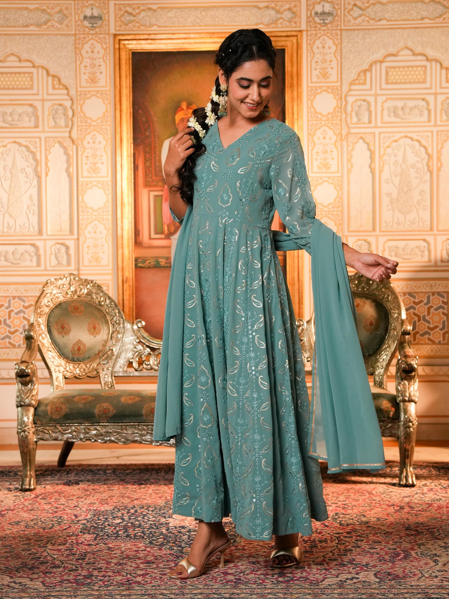 Embroidered Georgette Anarkali Sea Green Kurta