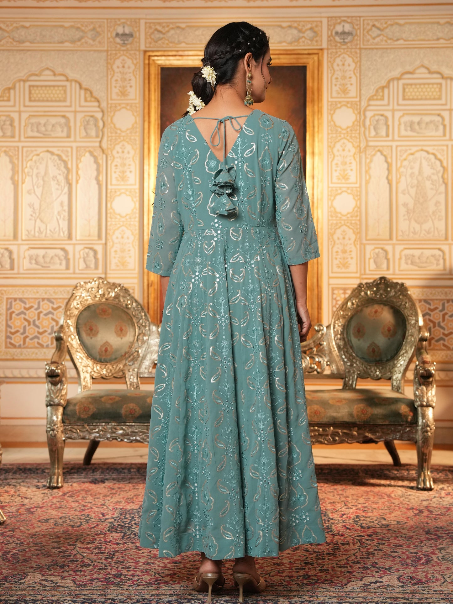 Embroidered Georgette Anarkali Sea Green Kurta