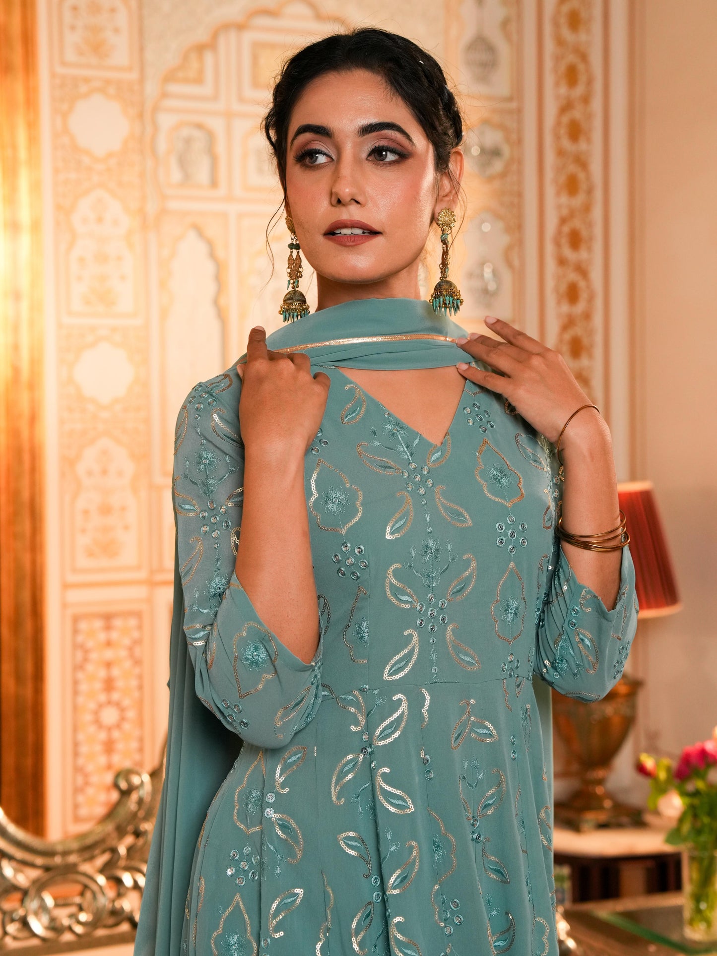 Embroidered Georgette Anarkali Sea Green Kurta