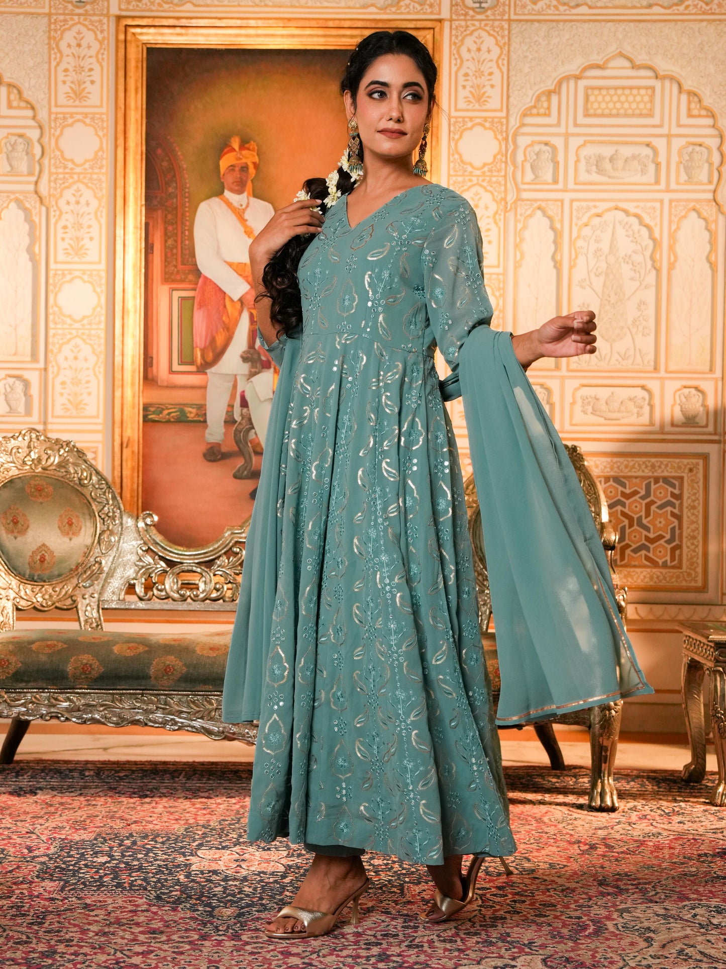 Embroidered Georgette Anarkali Sea Green Kurta