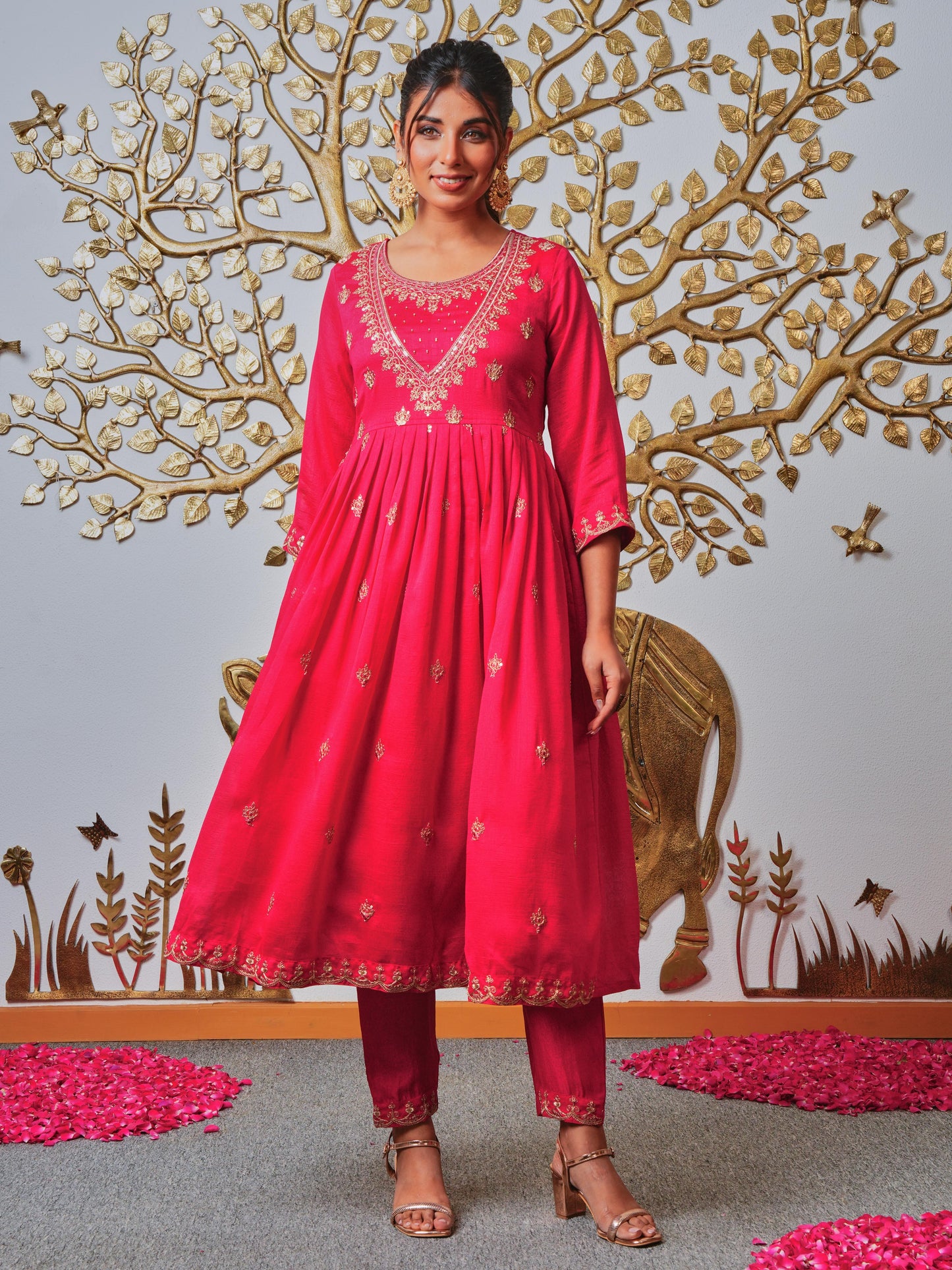 Embroidered Blended Silk Solid Royal Pink Kurta