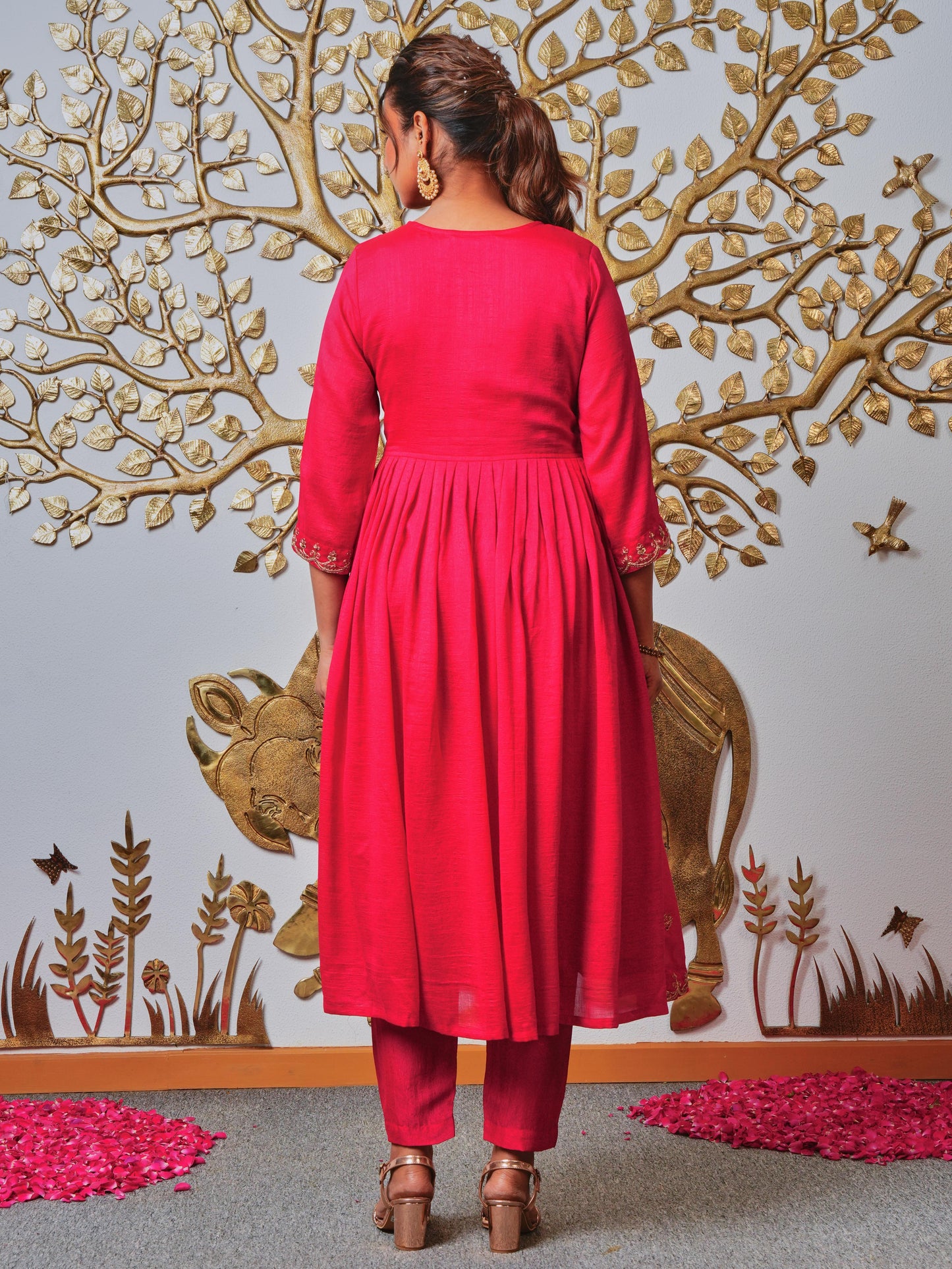 Embroidered Blended Silk Solid Royal Pink Kurta
