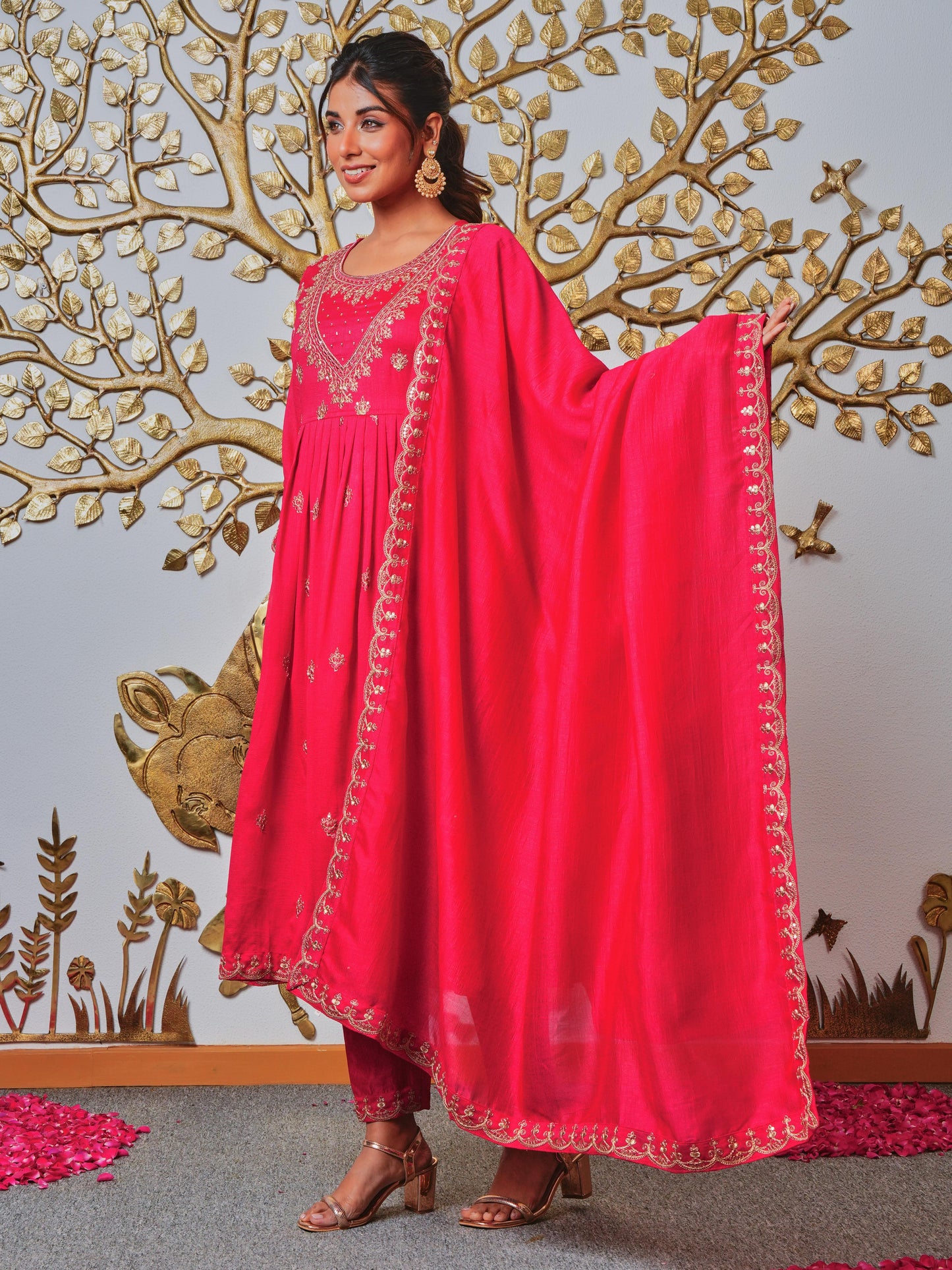 Embroidered Blended Silk Solid Royal Pink Kurta
