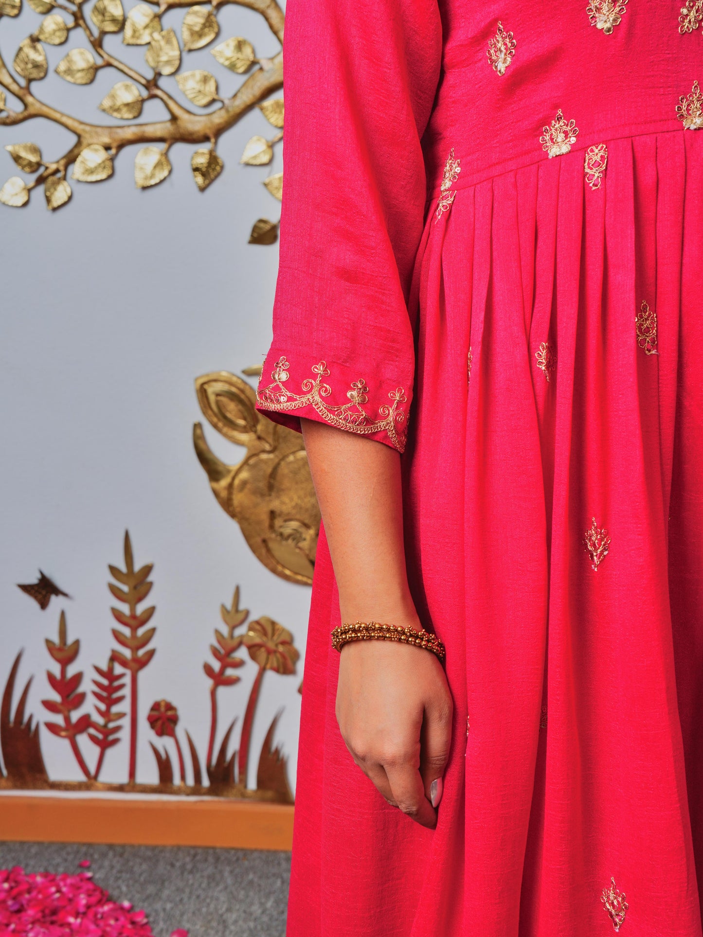 Embroidered Blended Silk Solid Royal Pink Kurta