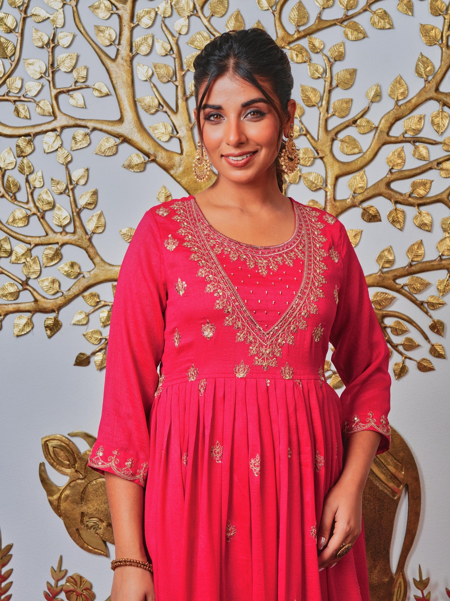 Embroidered Blended Silk Solid Royal Pink Kurta