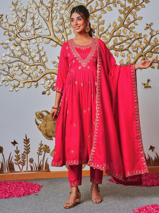 Embroidered Blended Silk Solid Royal Pink Dupatta