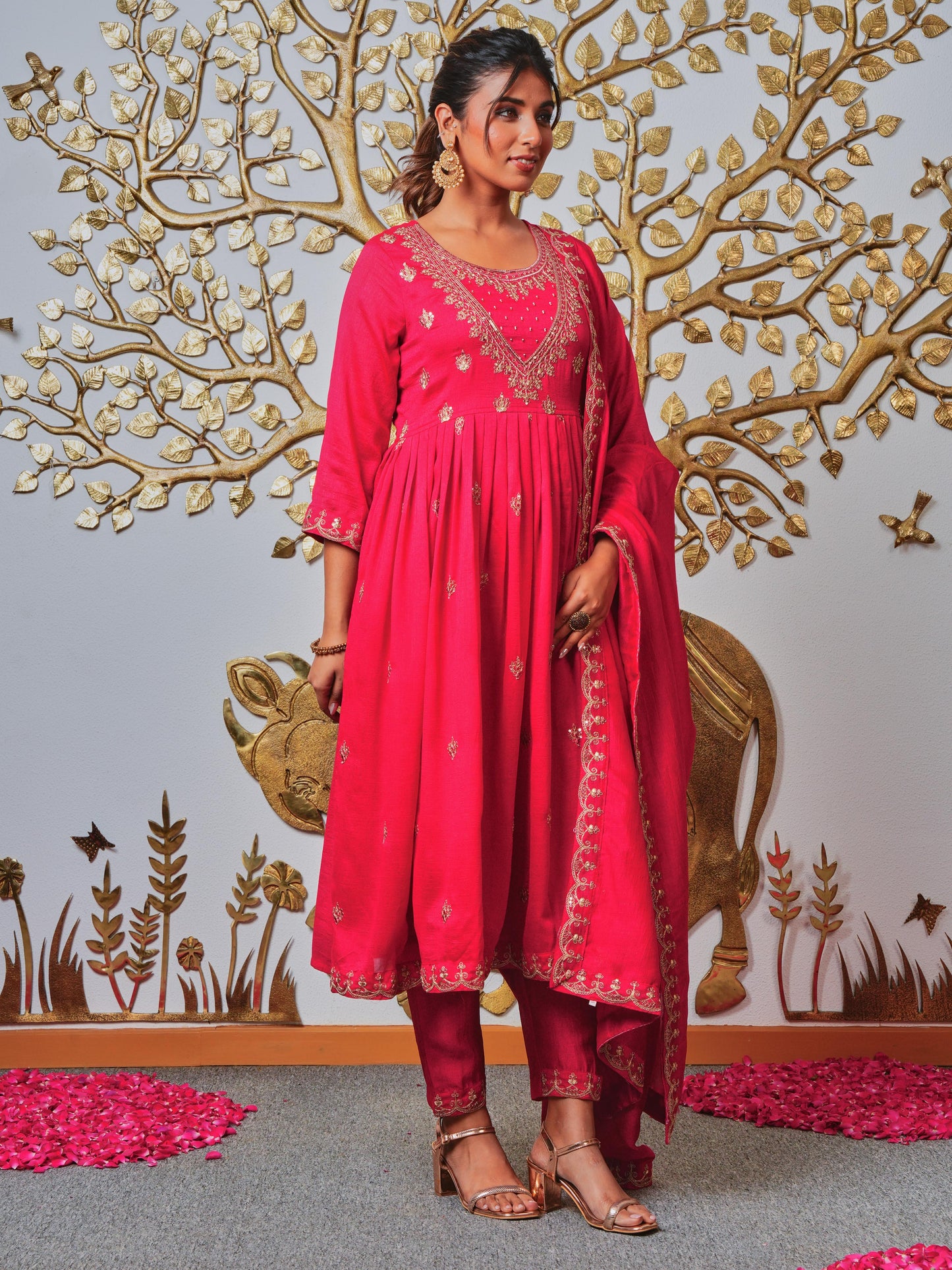 Embroidered Blended Silk Solid Royal Pink Dupatta