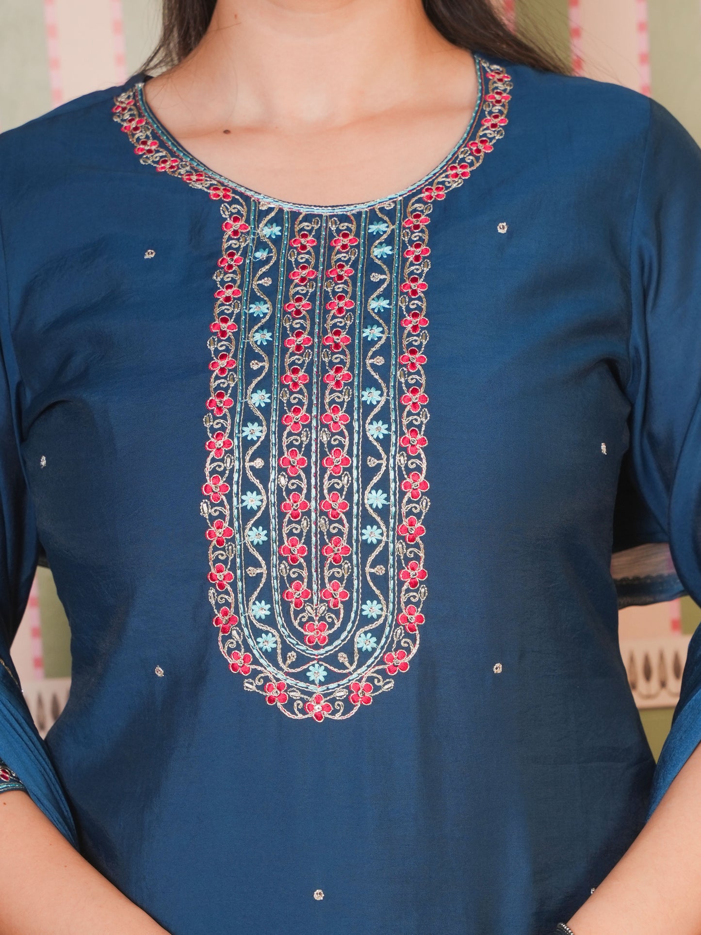Embroidered Chanderi Solid Straight Teal Kurta