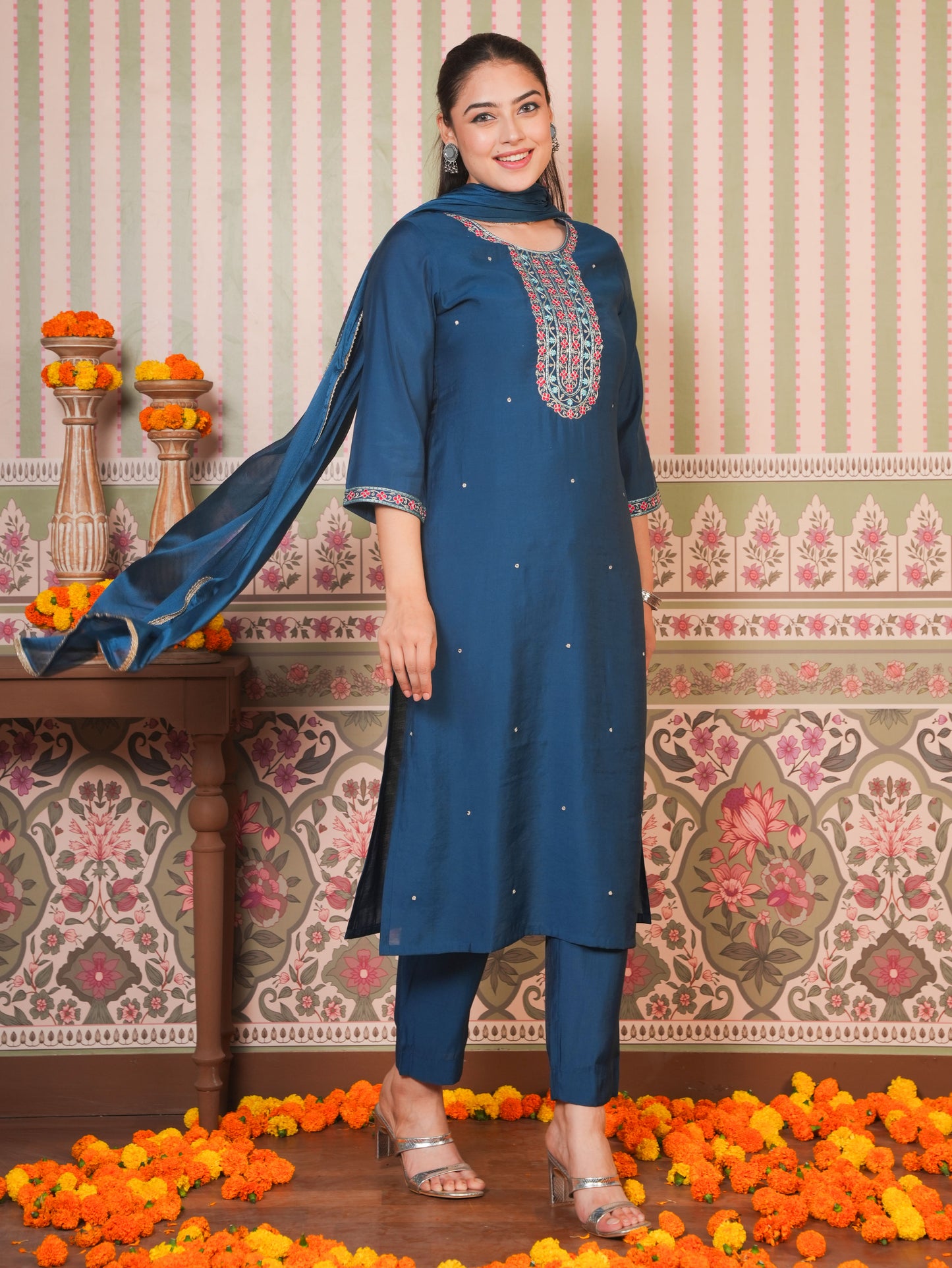 Embroidered Chanderi Solid Straight Teal Kurta