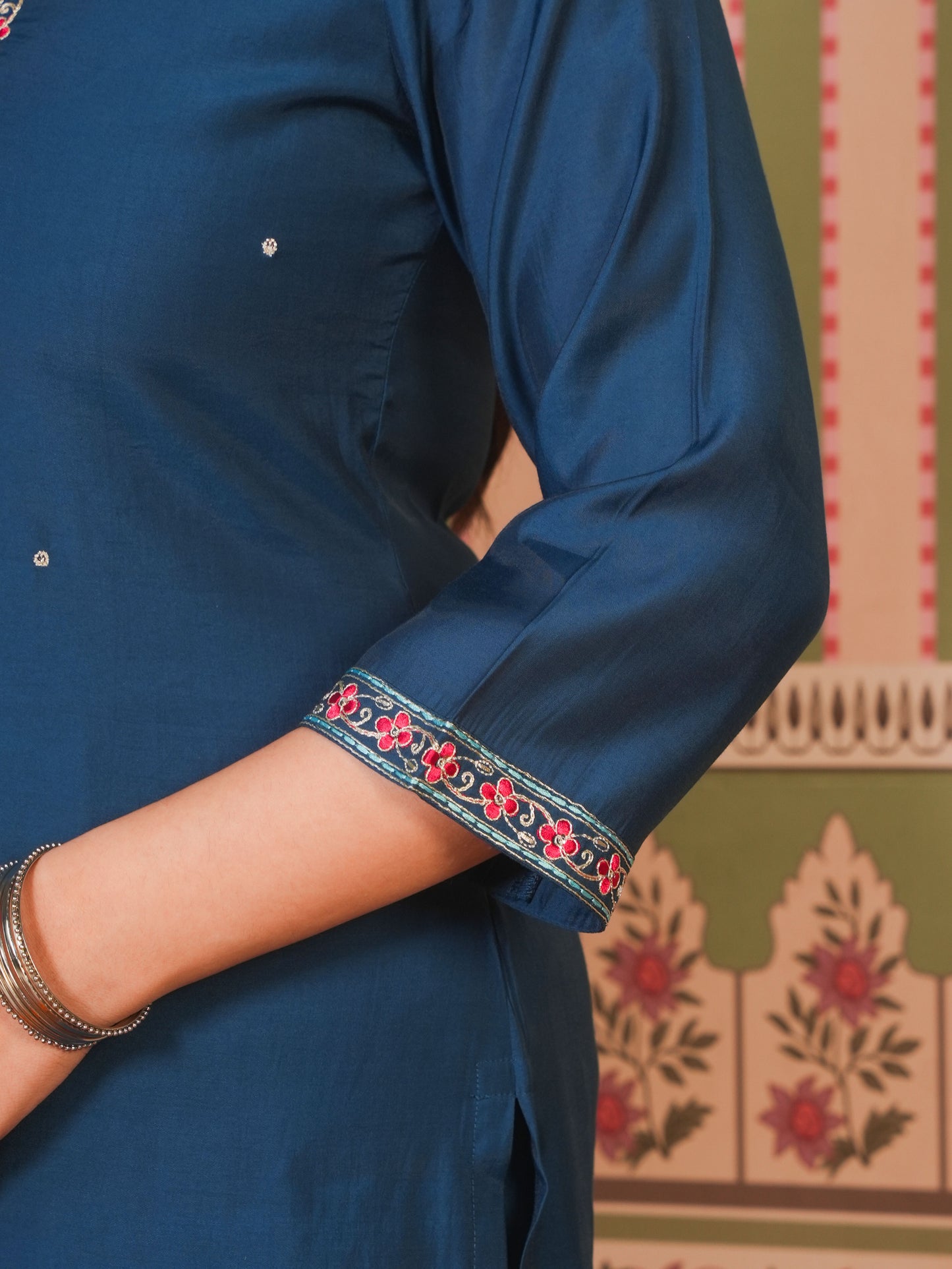 Embroidered Chanderi Solid Straight Teal Kurta