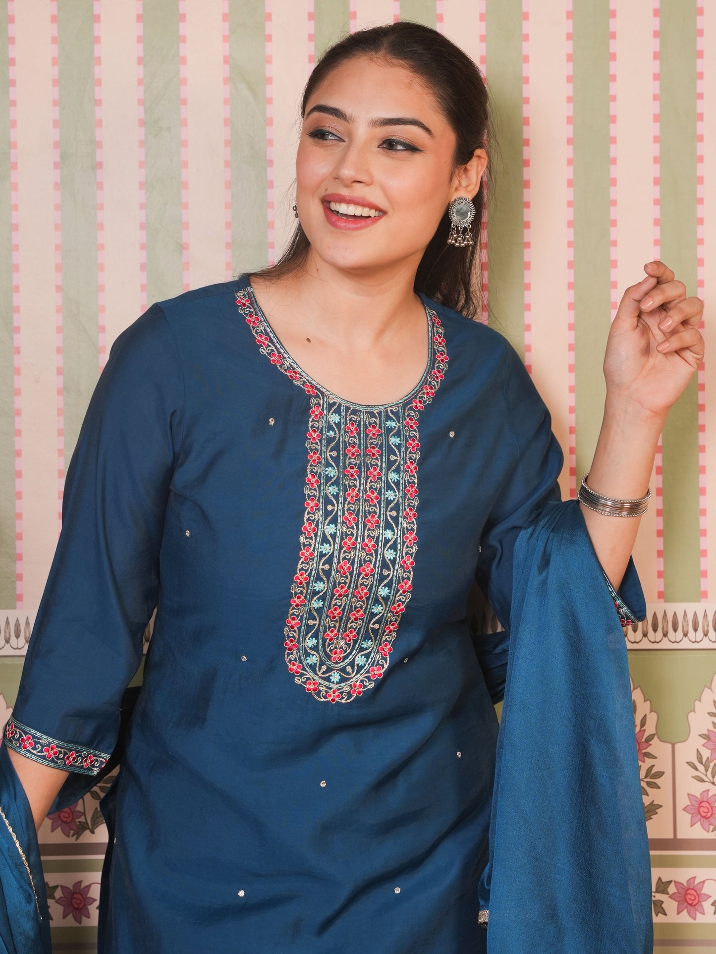 Embroidered Chanderi Solid Straight Teal Kurta