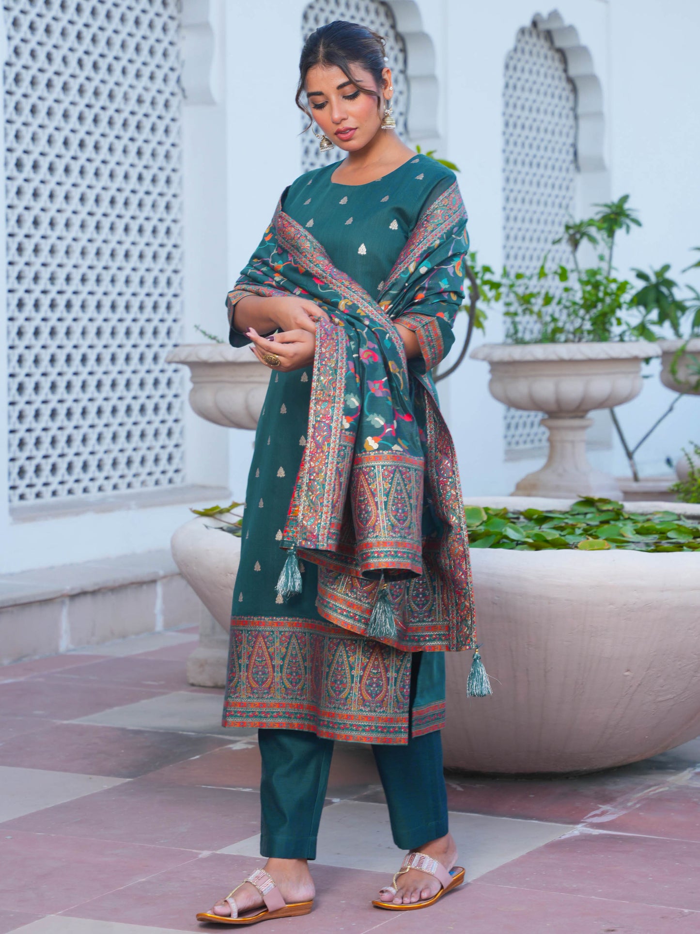 Jacquard Solid Teal Straight Kurta