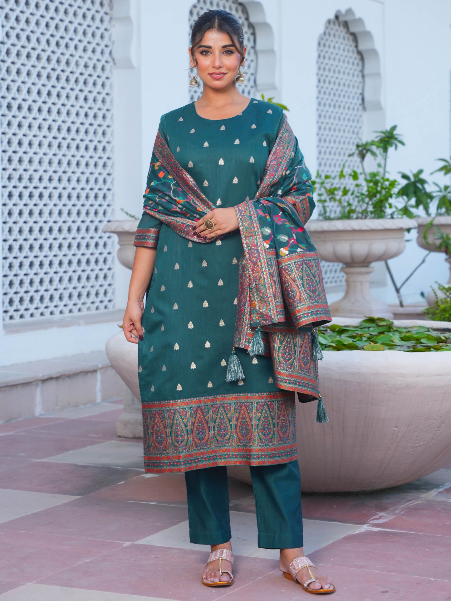 Jacquard Solid Teal Straight Kurta