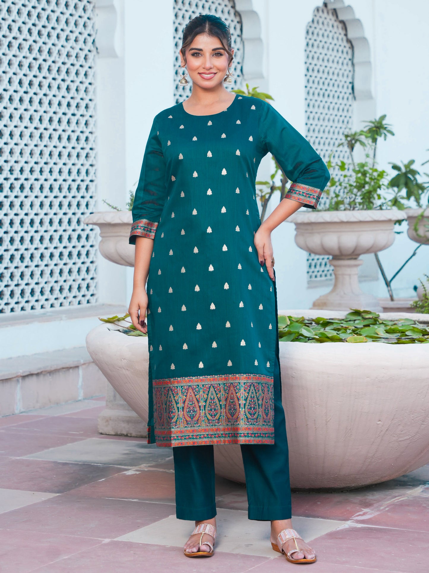 Jacquard Solid Teal Straight Kurta