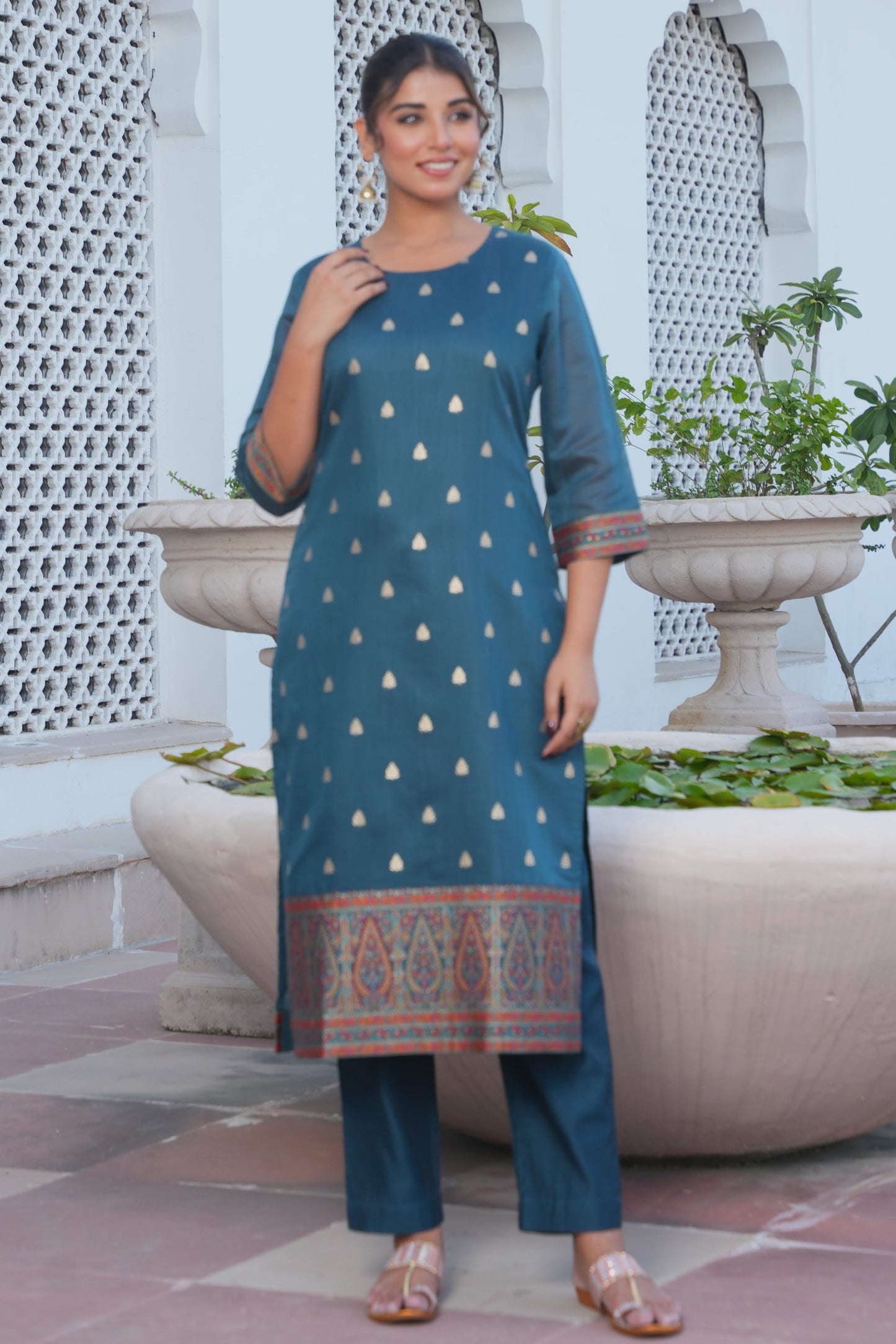 Chanderi Jacquard Solid Teal Kurta