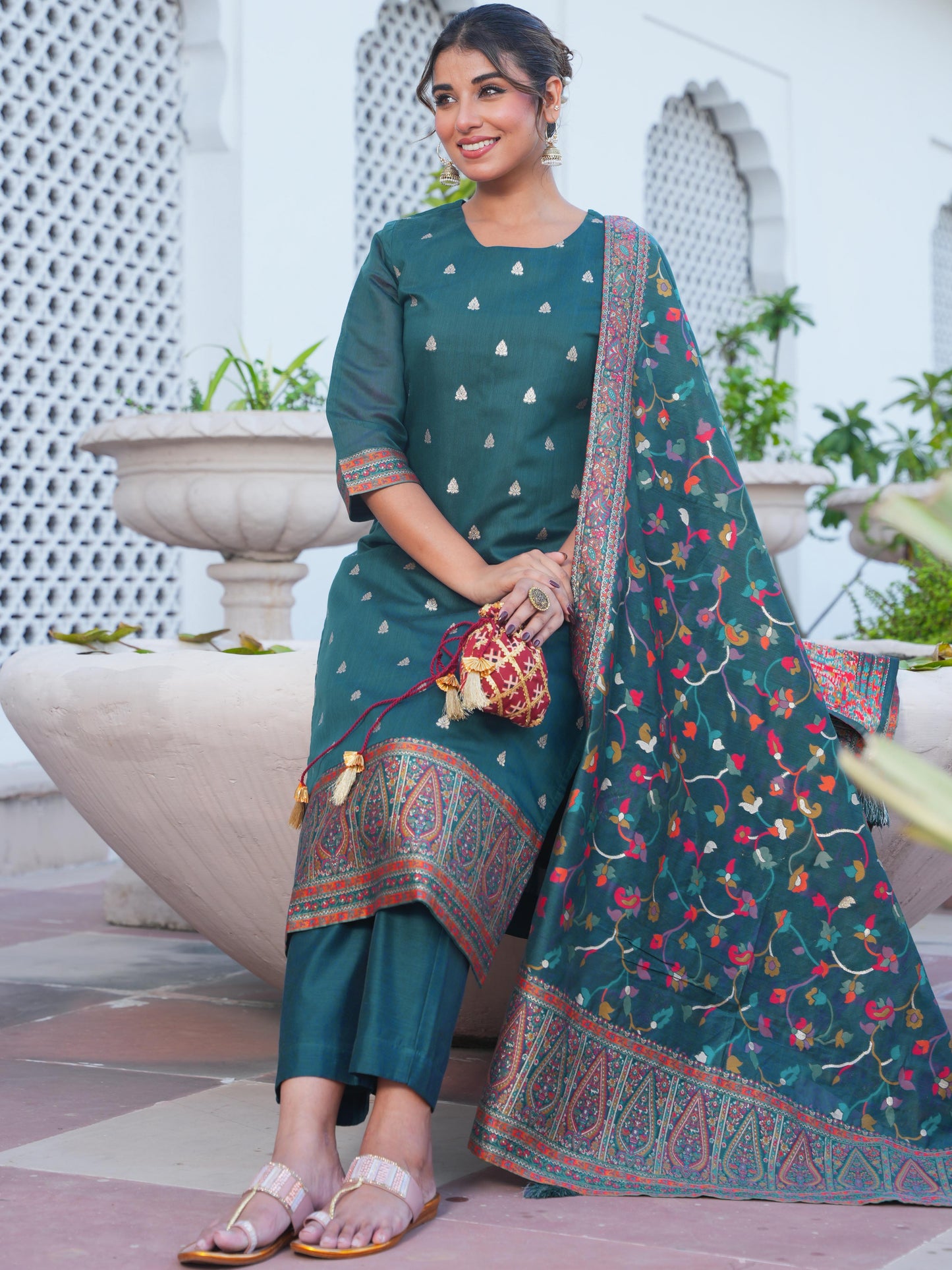 Jacquard Solid Teal Straight Kurta