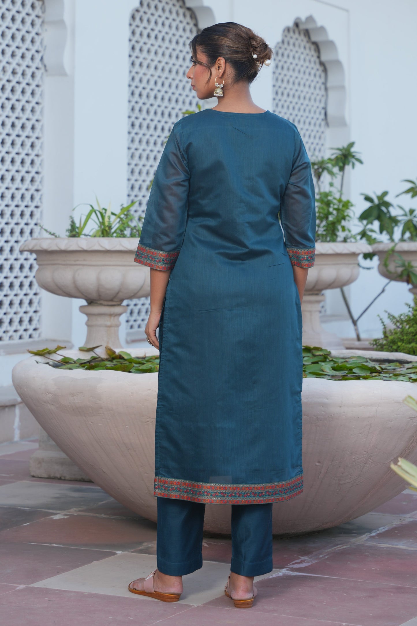 Chanderi Jacquard Solid Teal Kurta
