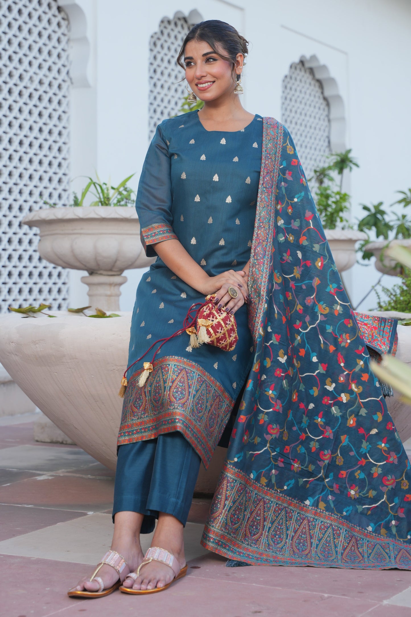 Chanderi Jacquard Solid Teal Kurta