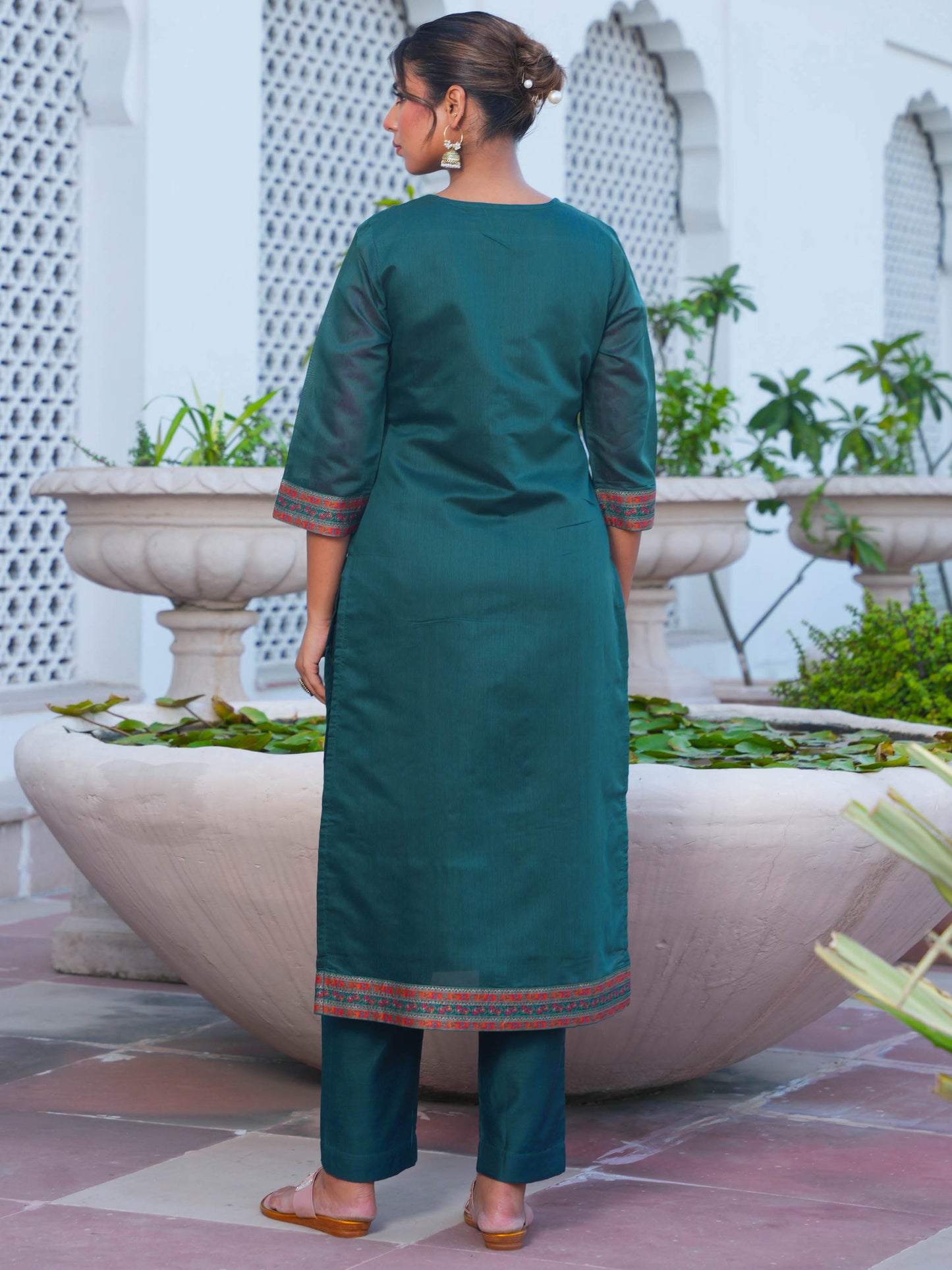 Jacquard Solid Teal Straight Kurta