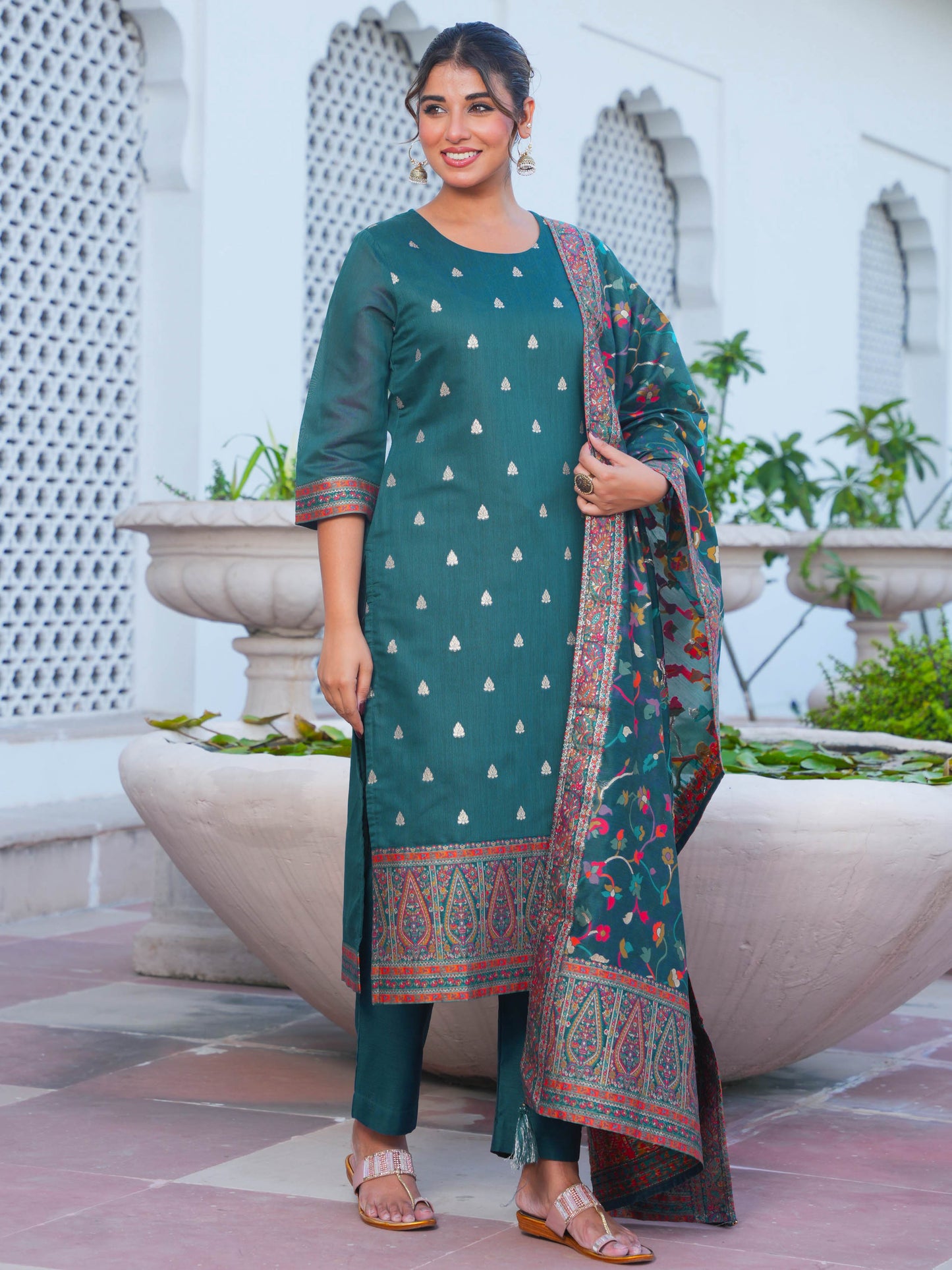 Jacquard Solid Teal Straight Kurta