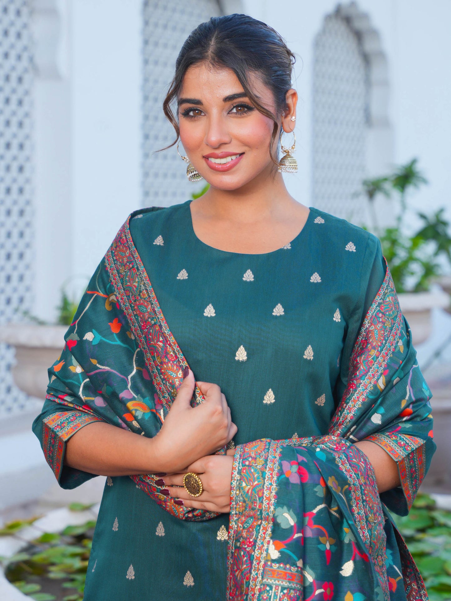 Jacquard Solid Teal Straight Kurta