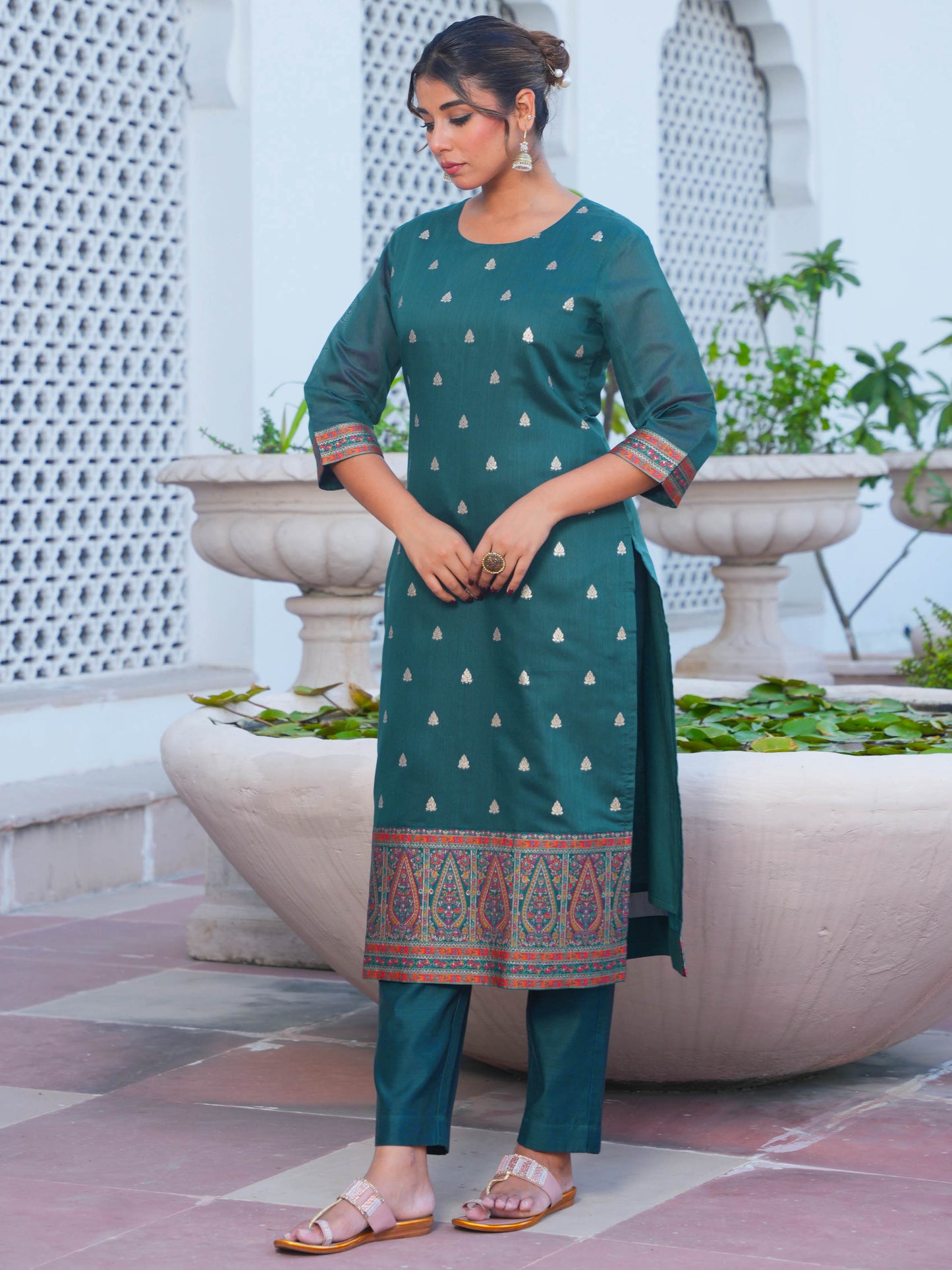 Jacquard Solid Teal Straight Kurta