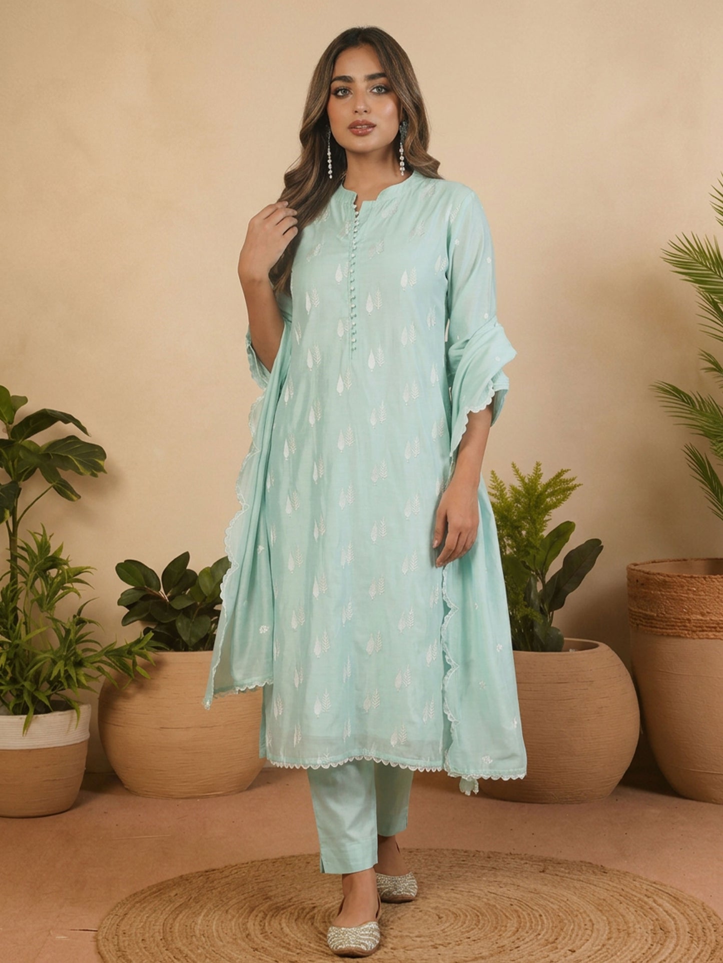Embroidered Chanderi Solid Baby Blue Straight Kurta
