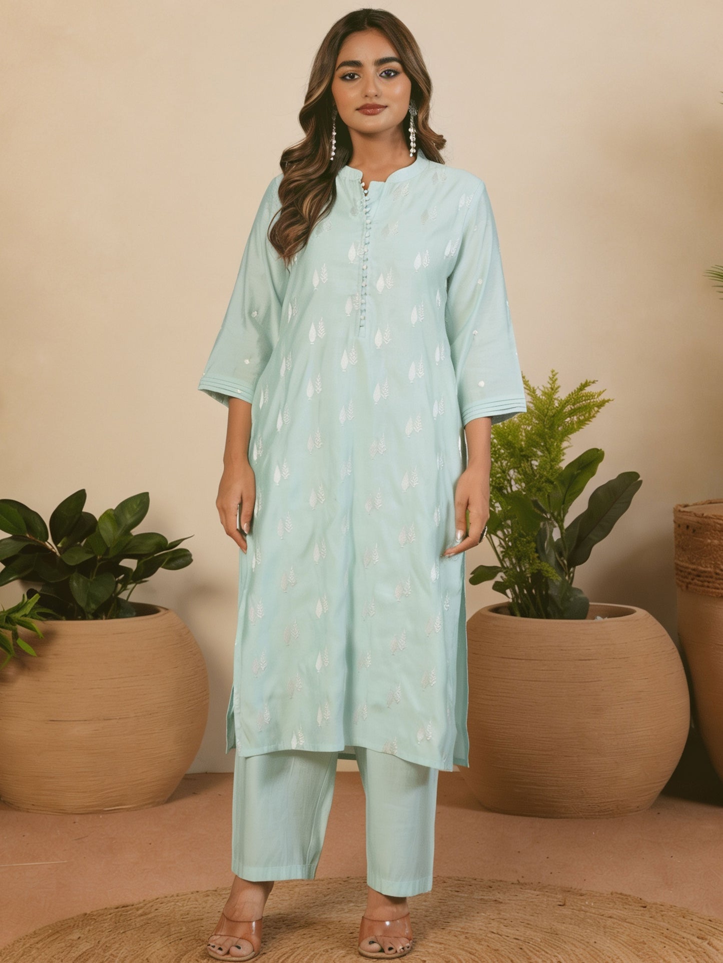Embroidered Chanderi Solid Baby Blue Straight Kurta
