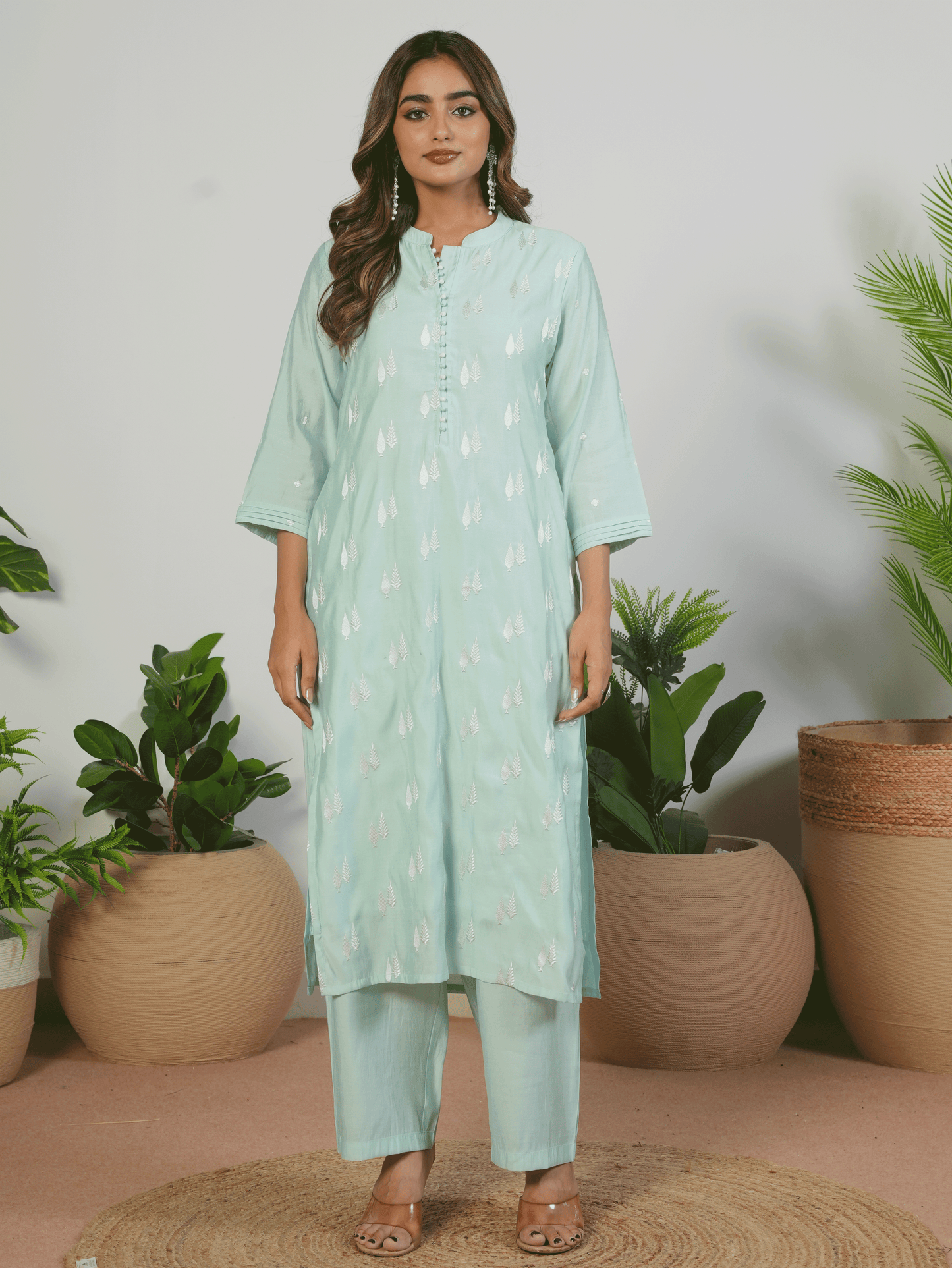 Embroidered Roman silk Solid Baby Blue Kurta