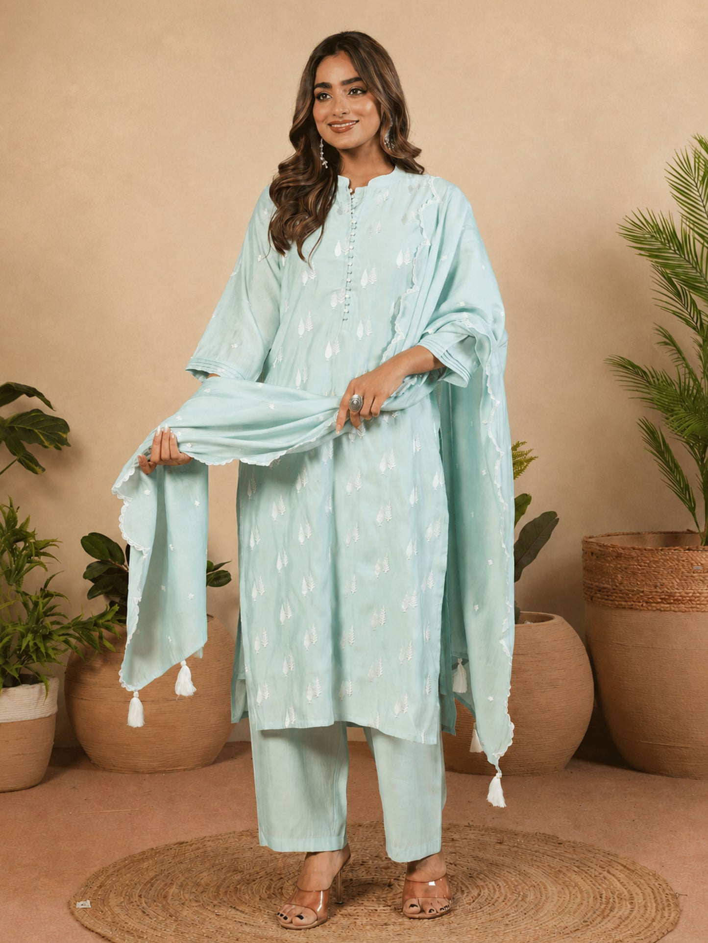 Embroidered Chanderi Solid Baby Blue Straight Kurta