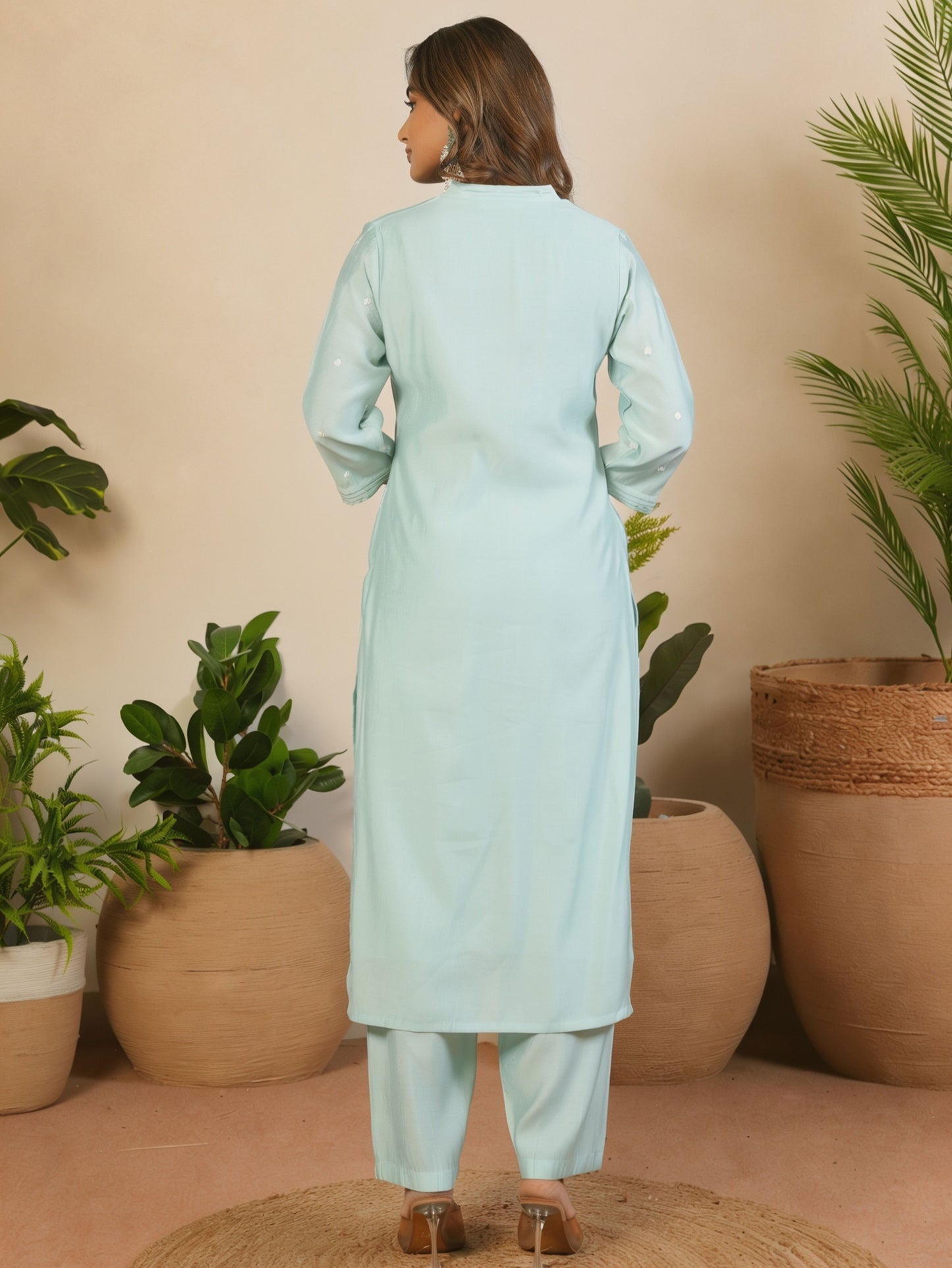 Embroidered Chanderi Solid Baby Blue Straight Kurta
