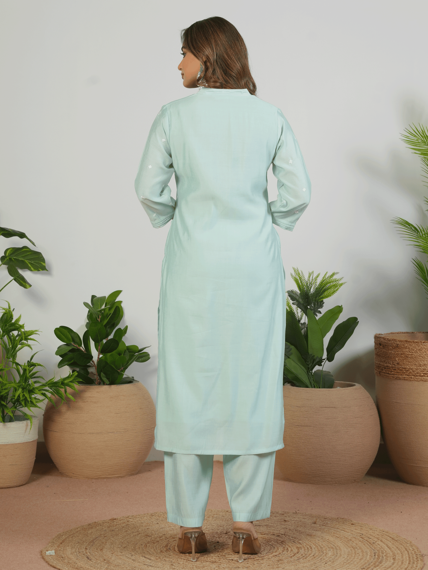 Embroidered Roman silk Solid Baby Blue Kurta