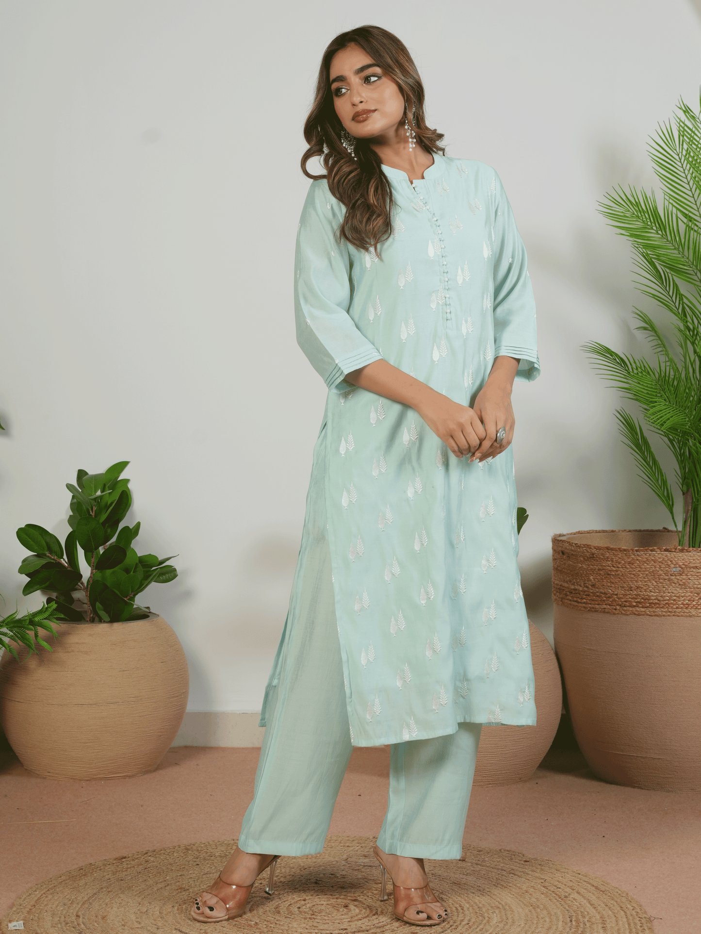 Embroidered Roman silk Solid Baby Blue Kurta