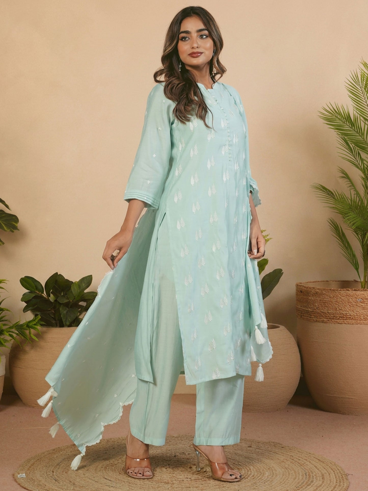 Embroidered Chanderi Solid Baby Blue Straight Kurta