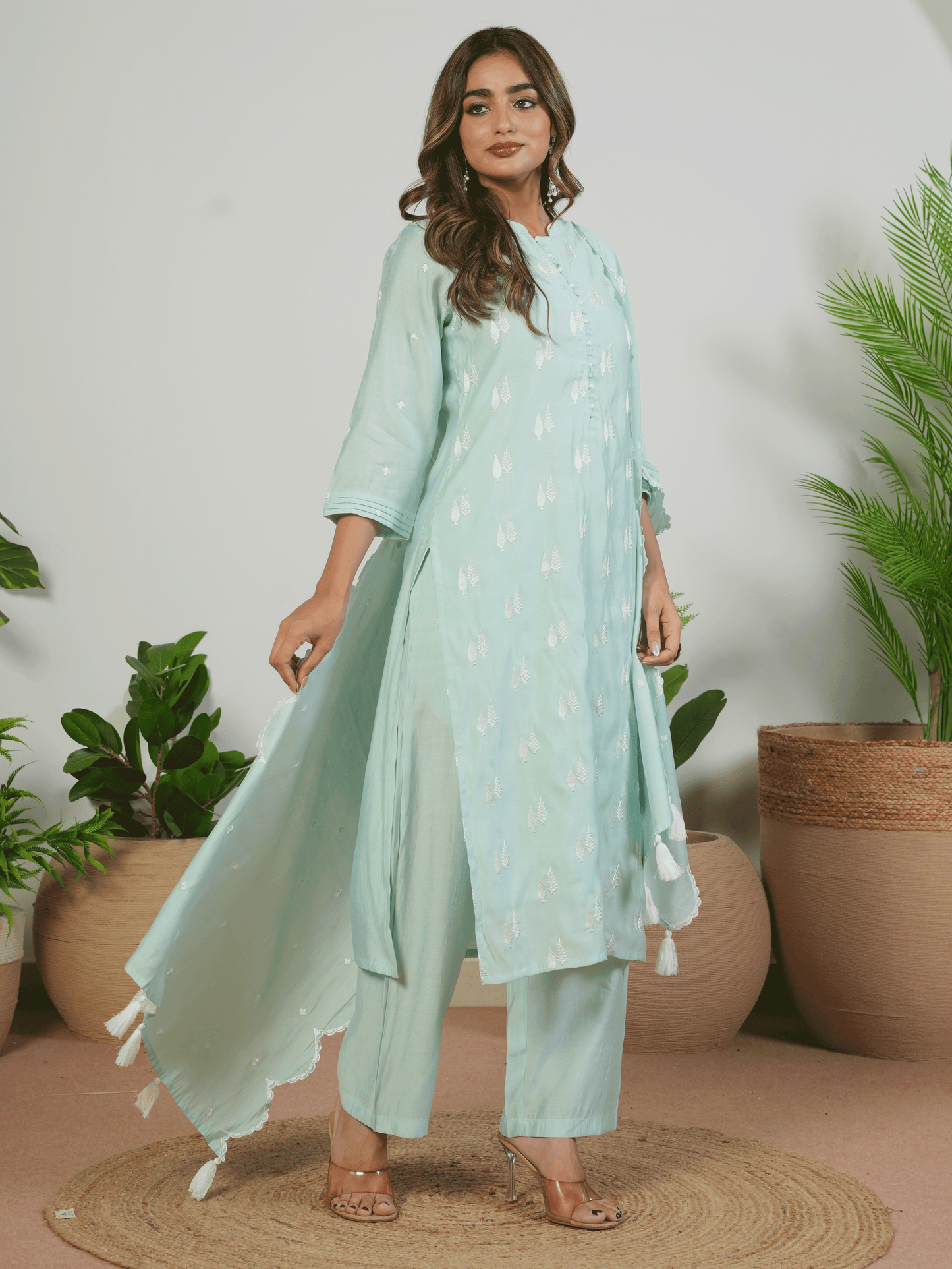 Embroidered Roman silk Solid Baby Blue Kurta