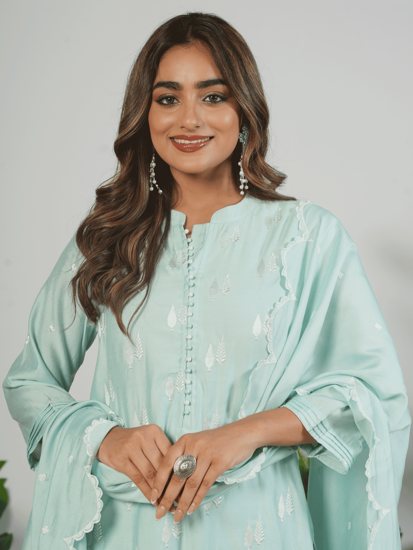 Embroidered Roman silk Solid Baby Blue Kurta