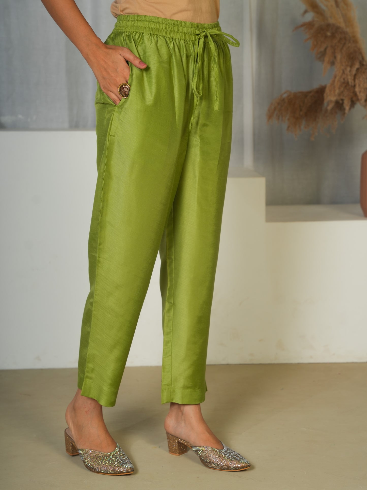 Blended Silk Solid Light Green Trousers