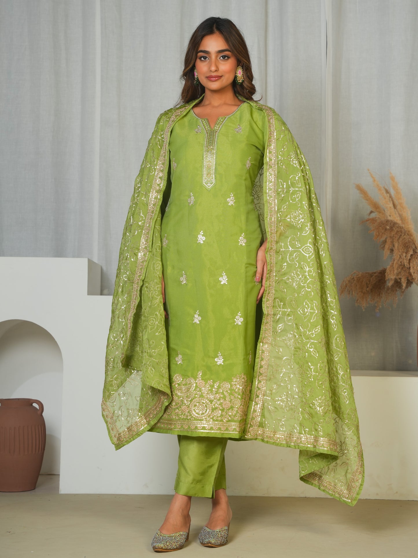 Embroidered Tissue Solid Light Green Dupatta