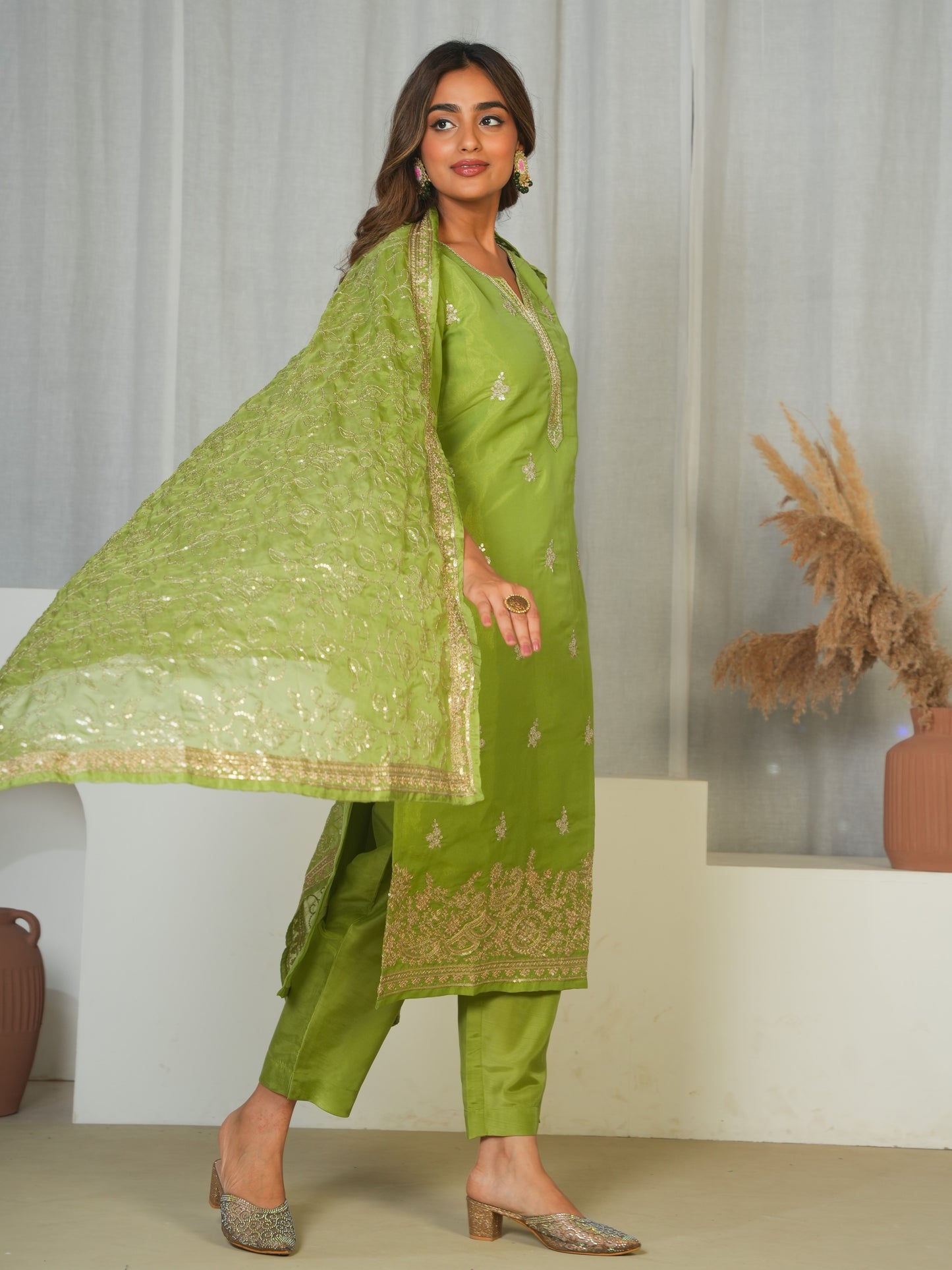 Embroidered Tissue Solid Light Green Dupatta