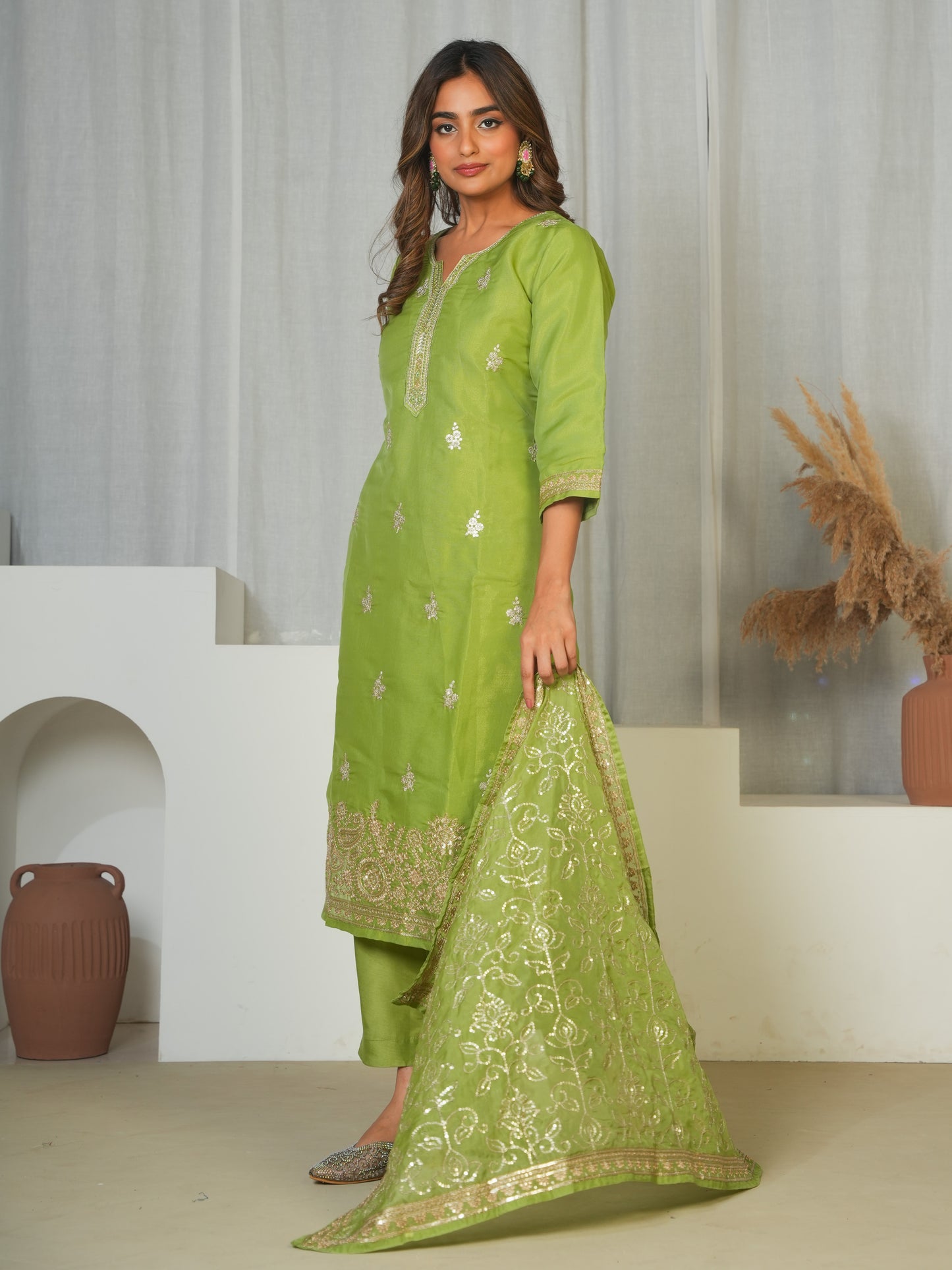 Embroidered Tissue Solid Light Green Dupatta