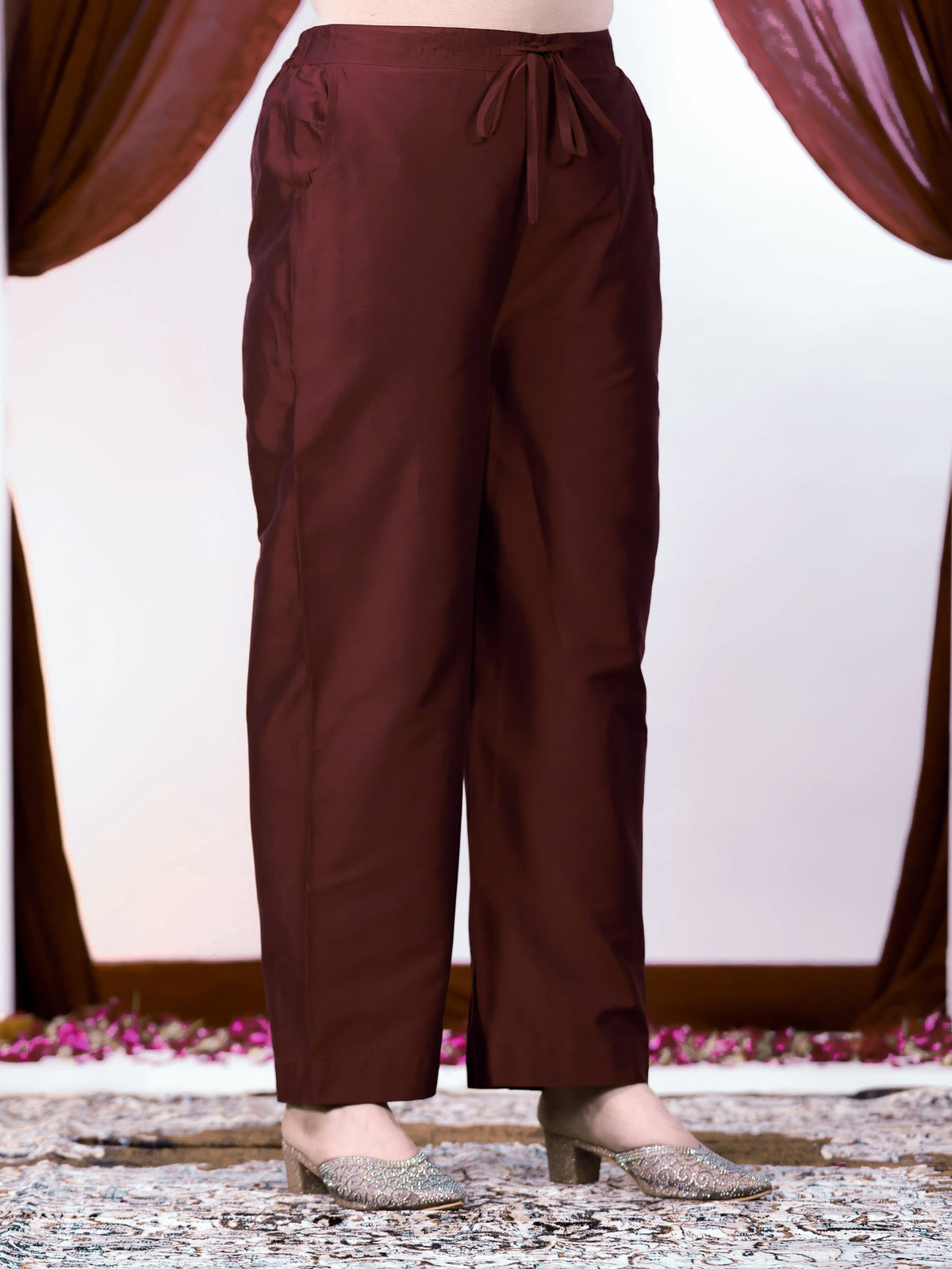 Chanderi Solid Maroon Straight Trousers
