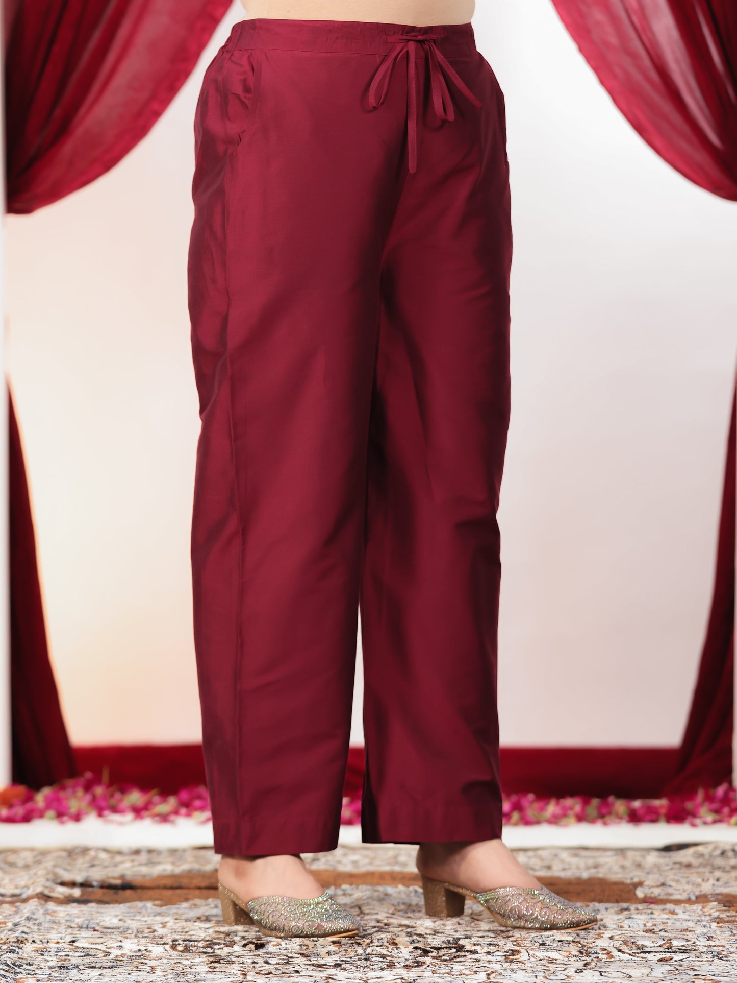 Embroidered Roman silk Gold foil Straight Maroon Kurta