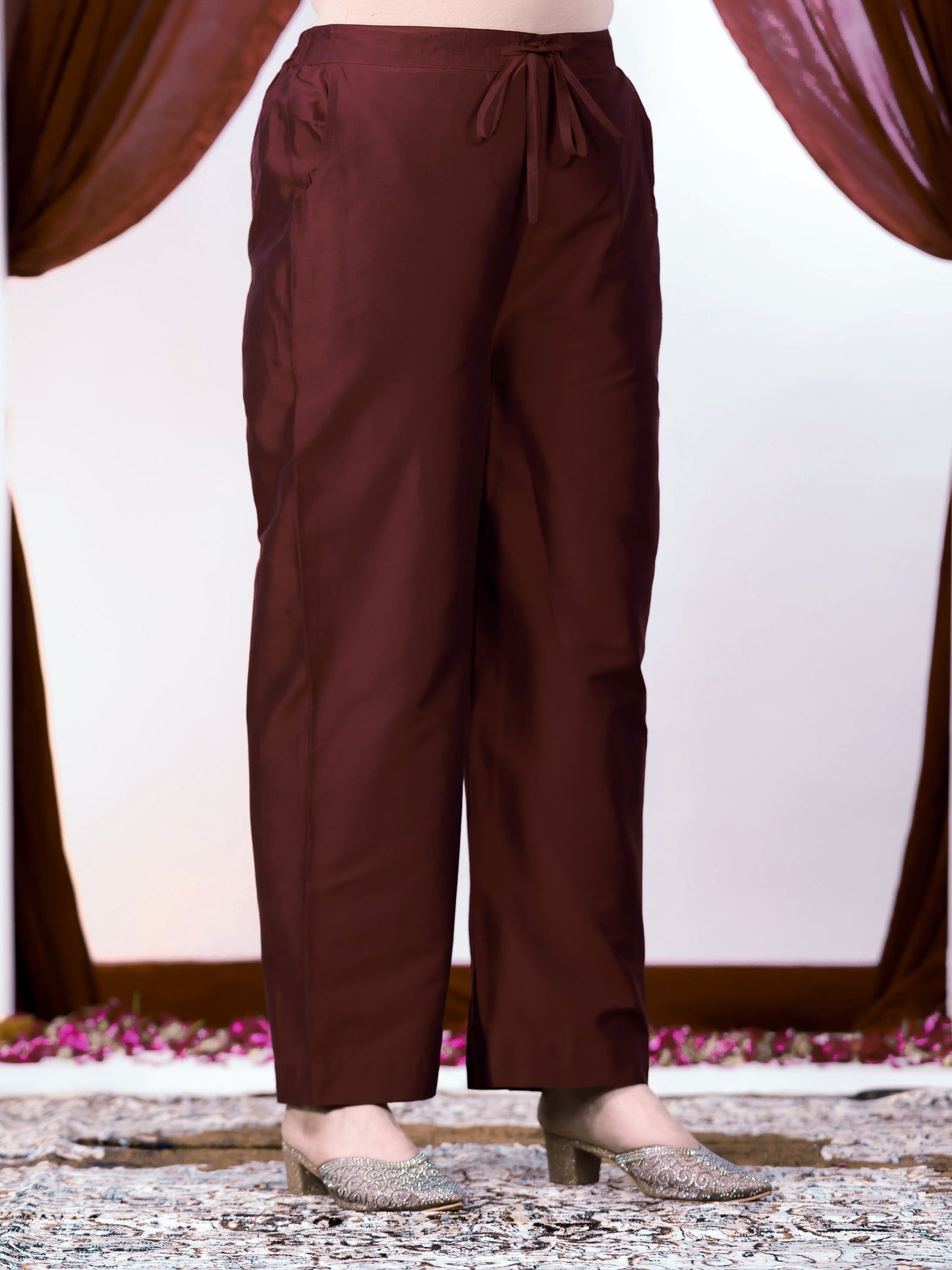 Embroidered Chinon Gold foil Straight Maroon Kurta