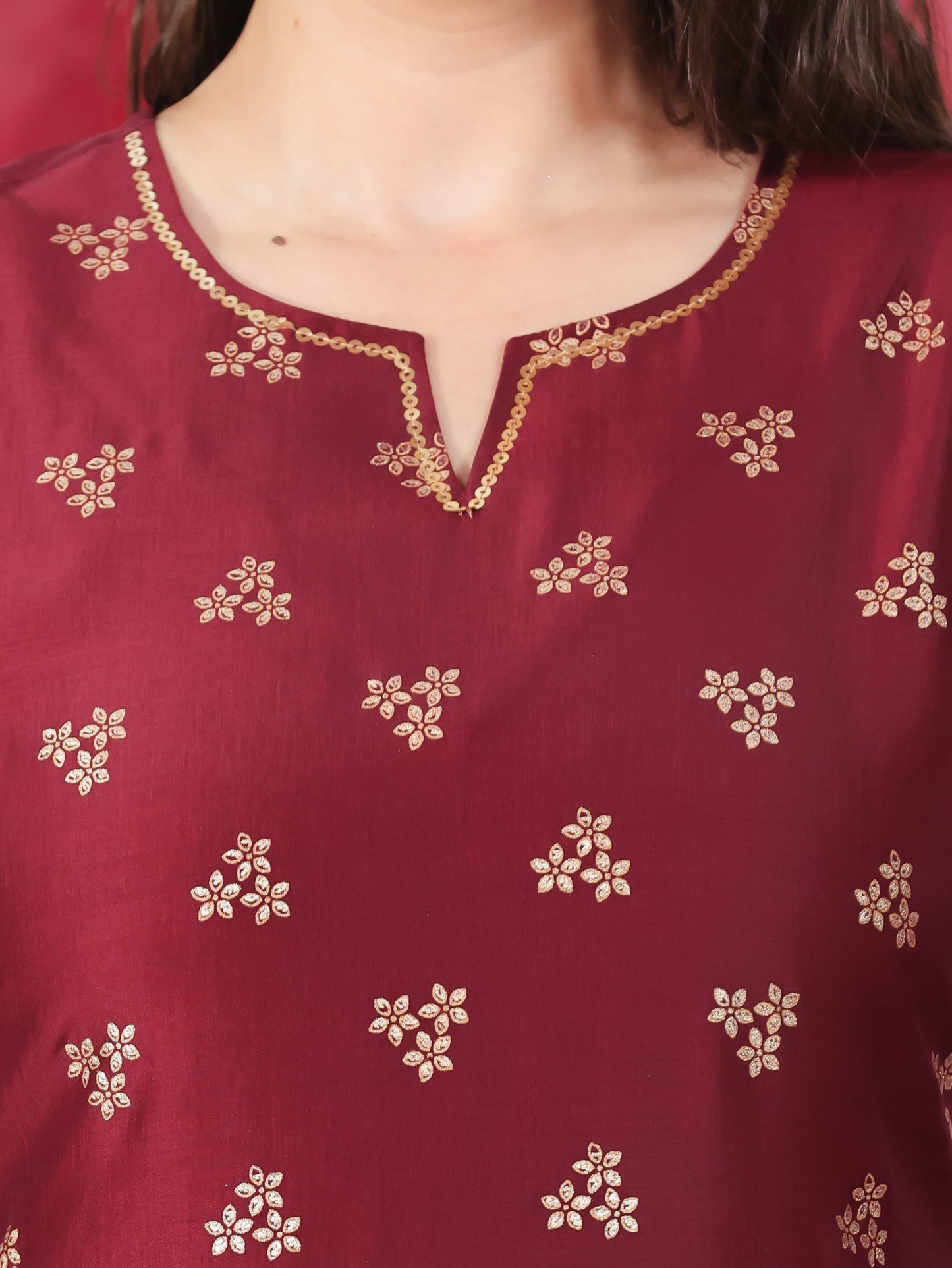 Embroidered Roman silk Gold foil Straight Maroon Kurta